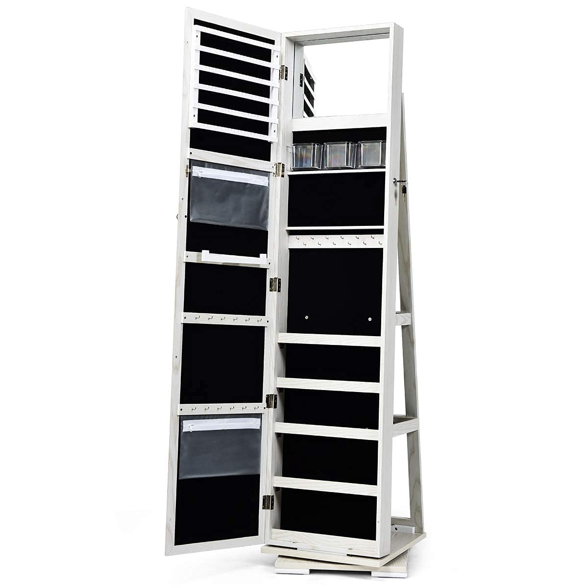 Charmaid 360° Swivel Jewelry Armoire with Full-Length Mirror & Built-In Makeup Mirror - Lockable Standing Jewelry Cabinet Organizer with Large Storage Capacity & Back Shelves (Gray-White) for Bedroom, Closet & Dressing Room Organization