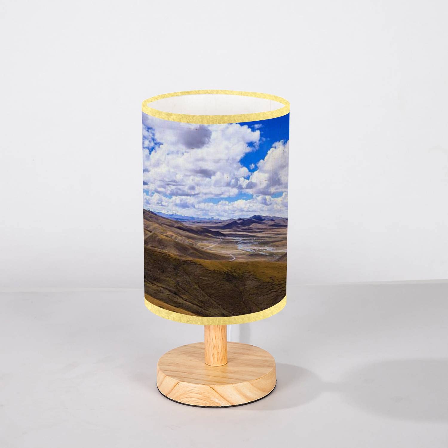 Minimalist Wooden Nightstand Lamp with Flaxen Fabric Shade - Mountain Blue Sky Design for Bedroom, Living Room, Office | Perfect for Reading, Relaxing & Home Decor