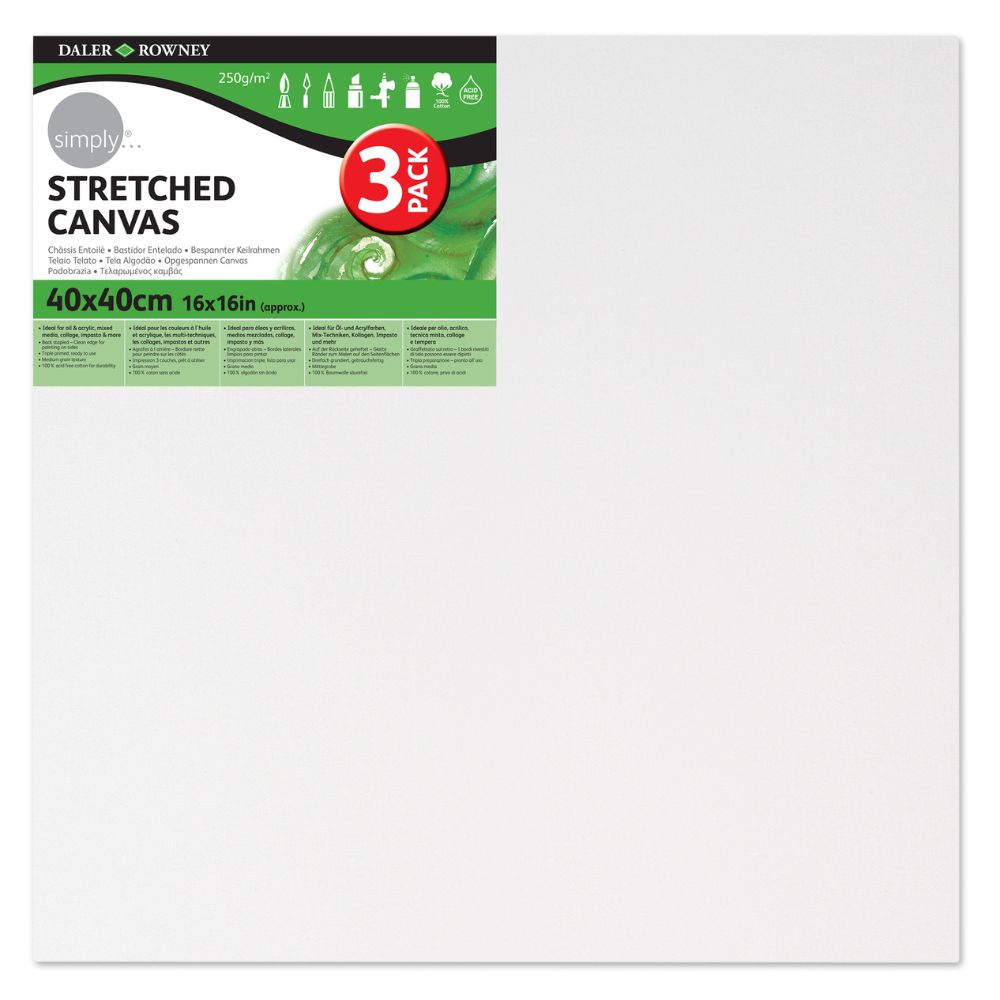 Daler Simply Canvas 3-Pack 40x40cm (16x16 Inch) Stretched Cotton Canvas for Acrylic & Oil Painting - Perfect for Artists, Beginners & DIY Home Decor Projects