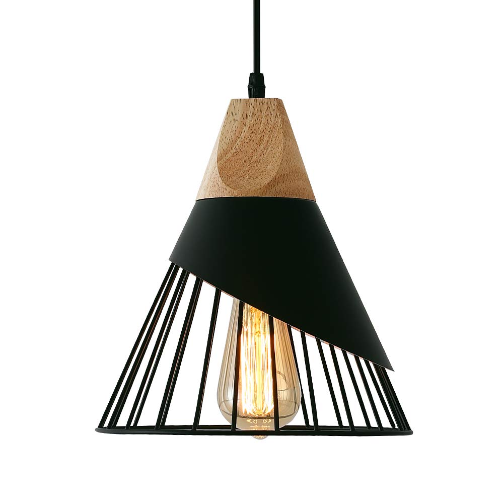 Modern Black Adjustable Wood Pendant Light - Kitchen Island Hanging Fixture for Dining Room, Living Room, Bedroom, Hallway & Bar | Industrial Style Lighting for Home & Commercial Spaces