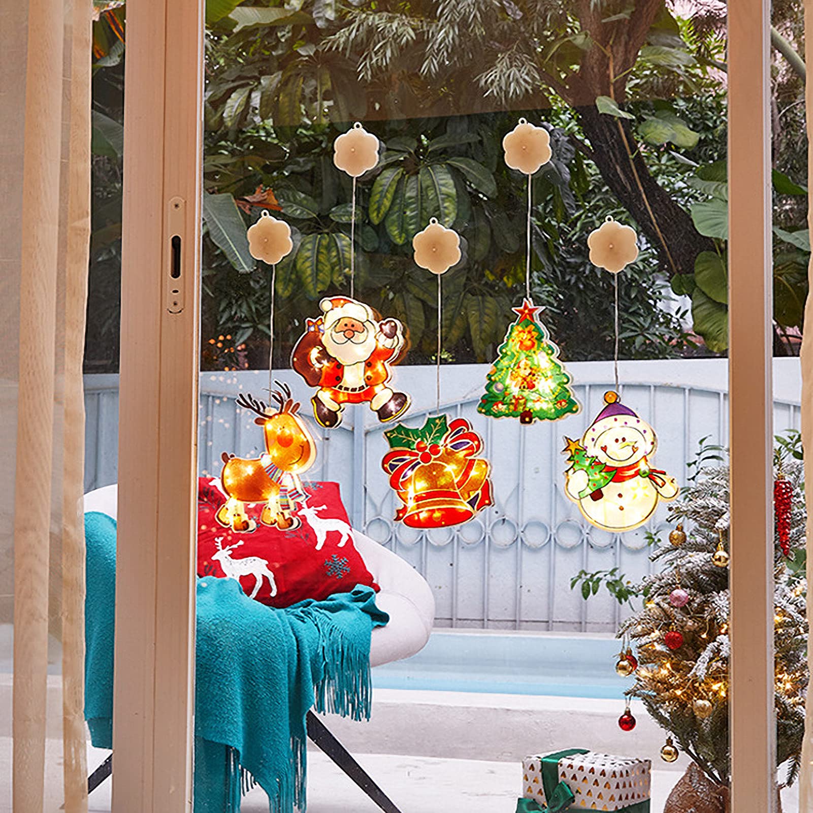Battery Powered LED Christmas Window Lights with Suction Cup - Elk & Snowmen Xmas Tree Shaped Hanging Lights for Holiday Party Decorations | Indoor/Outdoor Christmas Decor, Home & Office Festive Lighting