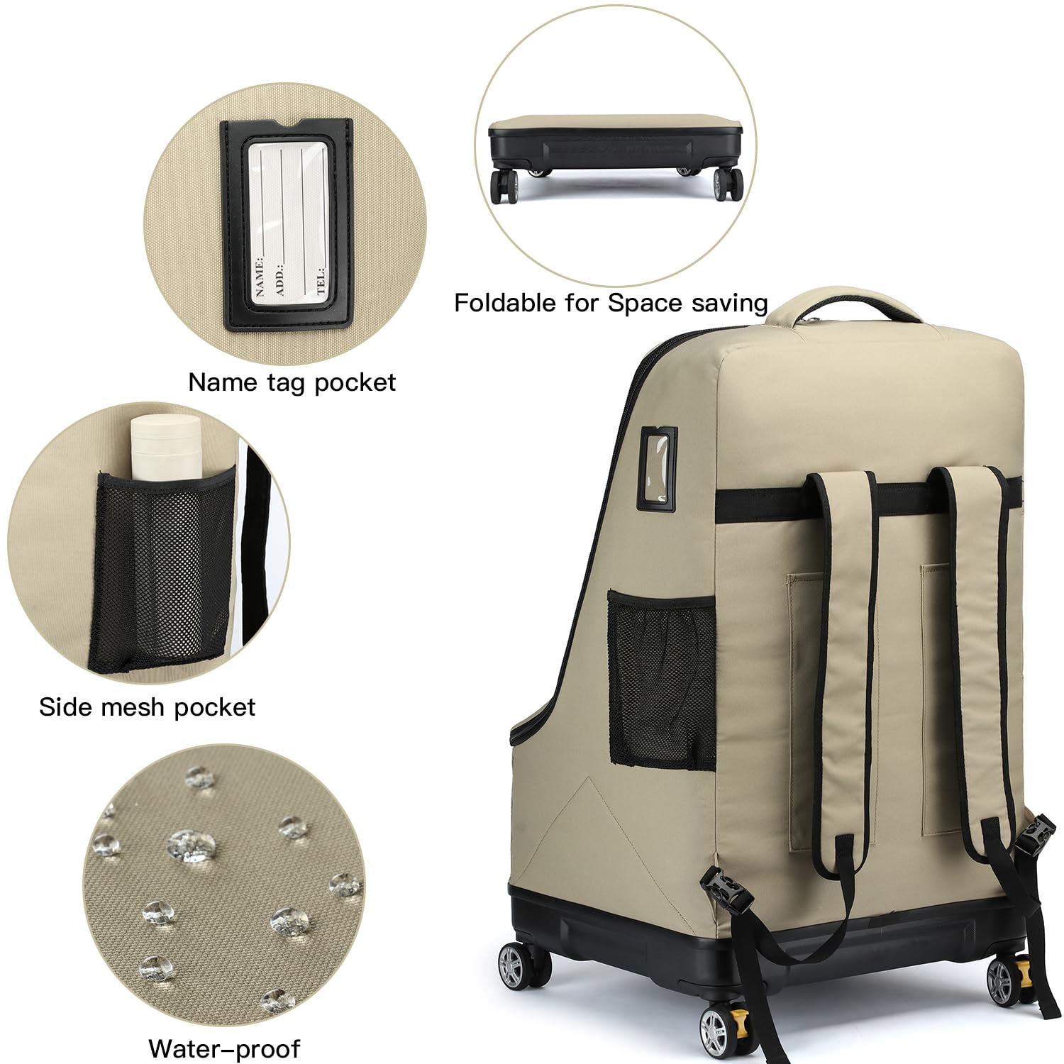 TUGUAN Airplane Car Seat Travel Bag with Spinner Wheels & Hard Bottom - Padded Infant Car Seat Backpack for Air Travel - Large Durable Storage Bag for Airport Check (Brown) - Perfect for Family Vacations & Airplane Travel with Babies