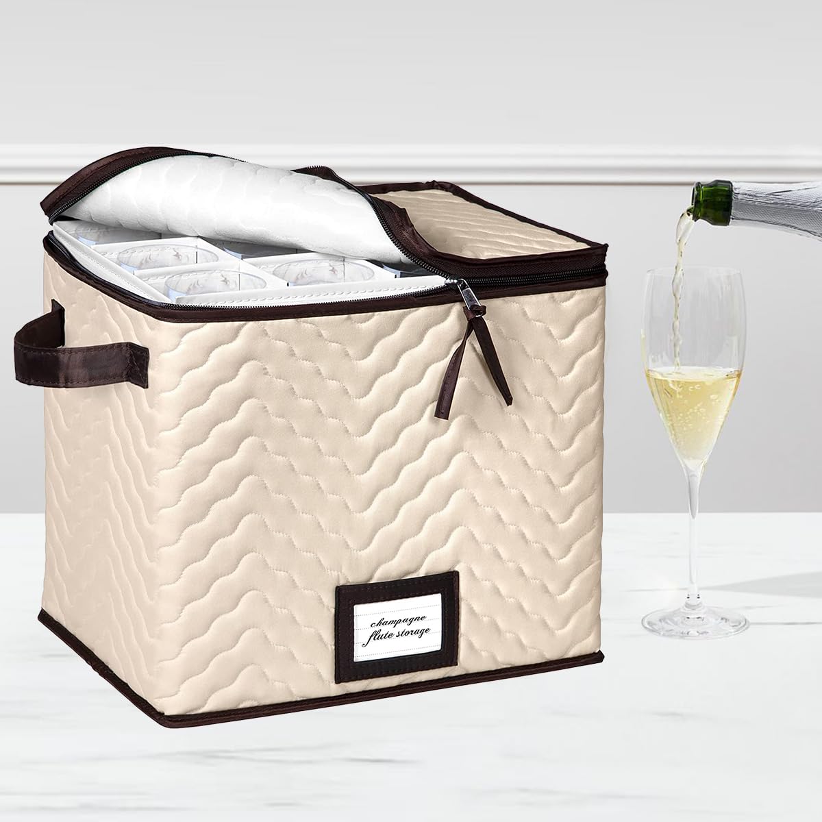 HOLDN’ STORAGE Wine Glass Organizer with Dividers - Set of 2 Durable Quilted Stemware Storage Cases, Holds 12 Champagne Flute Glasses Up To 11
