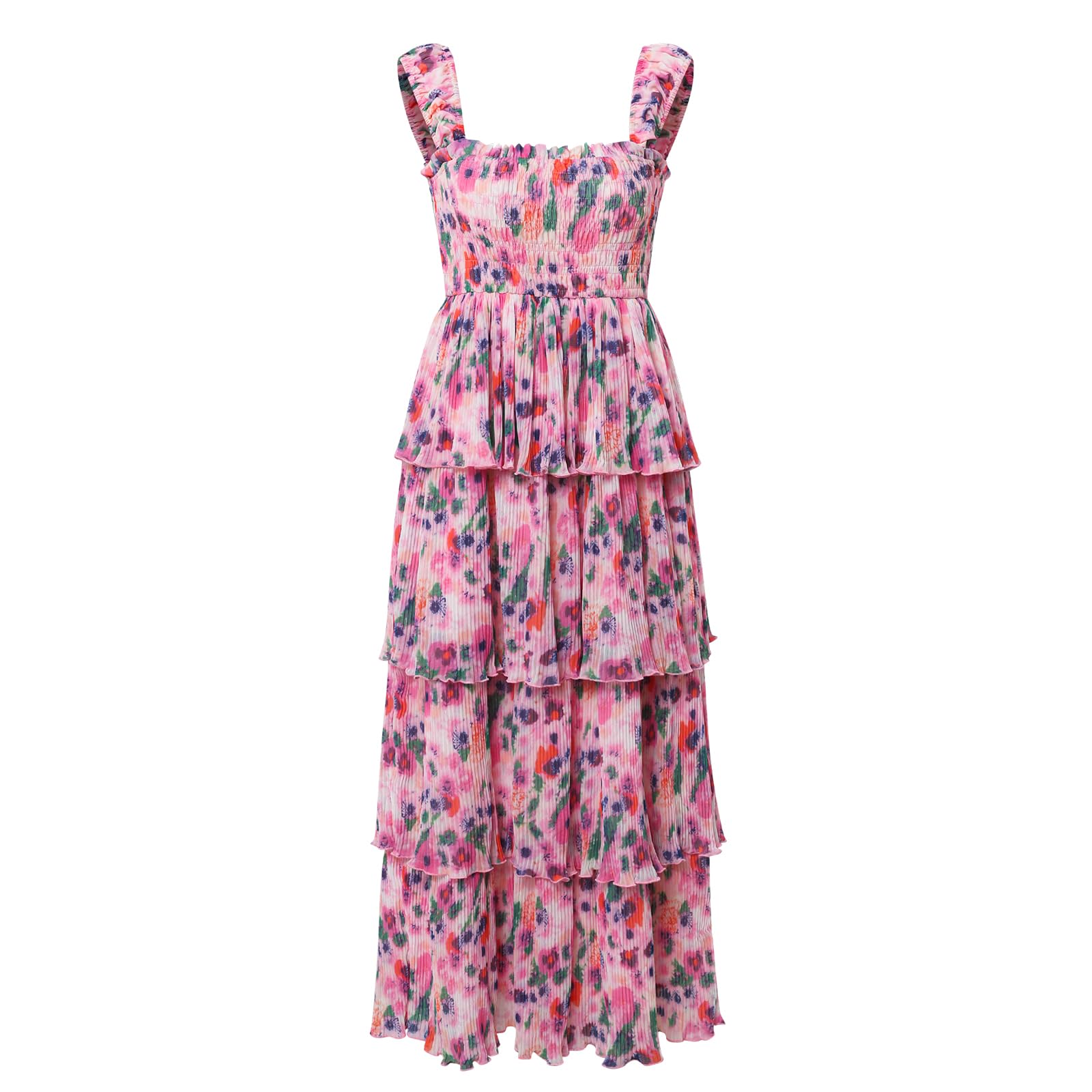Women's Summer Floral Print Halter A-line Dress - Bohemian Style Cake Dress in Pink for Beach, Party & Vacation Wear