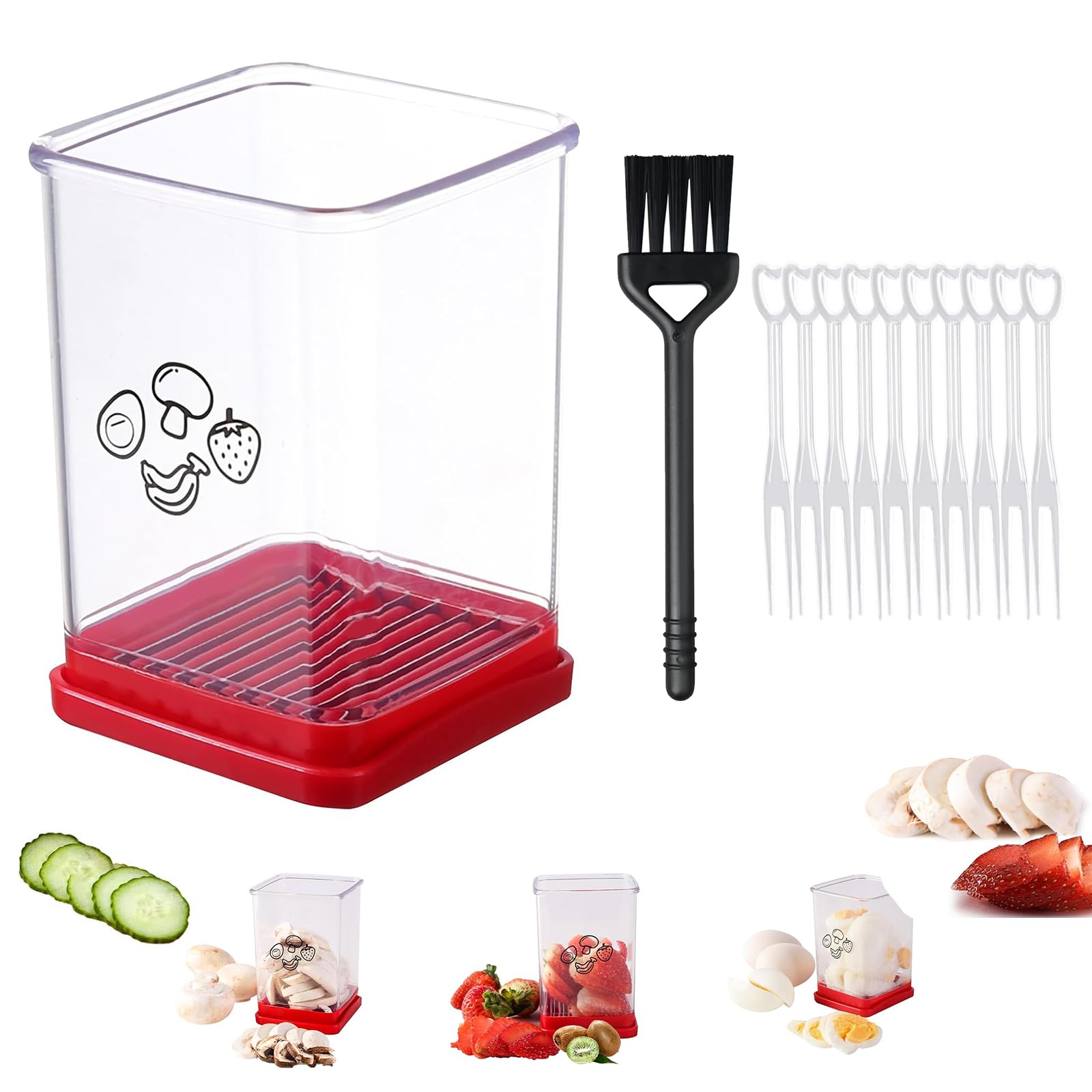 Premium 5-in-1 Fruit & Vegetable Slicer Set - Grape Cutter, Strawberry Slicer, Egg Slicer, Salad Chopper with Container - Perfect for Cutting Bananas, Grapes, Carrots & Apples (Includes Cleaning Brush & Forks) - Ideal for Meal Prep, Fruit Salads, Baby Food & Party Platters