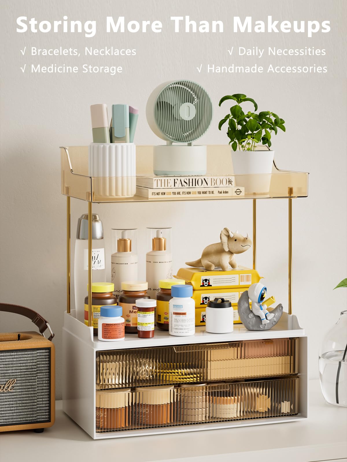 4-Tier Bathroom Organizer with 2 Drawers - Countertop Storage Shelf for Makeup, Skincare & Vanity Essentials - Space-Saving Dressing Table Organizer for Bedroom, Bathroom or Closet