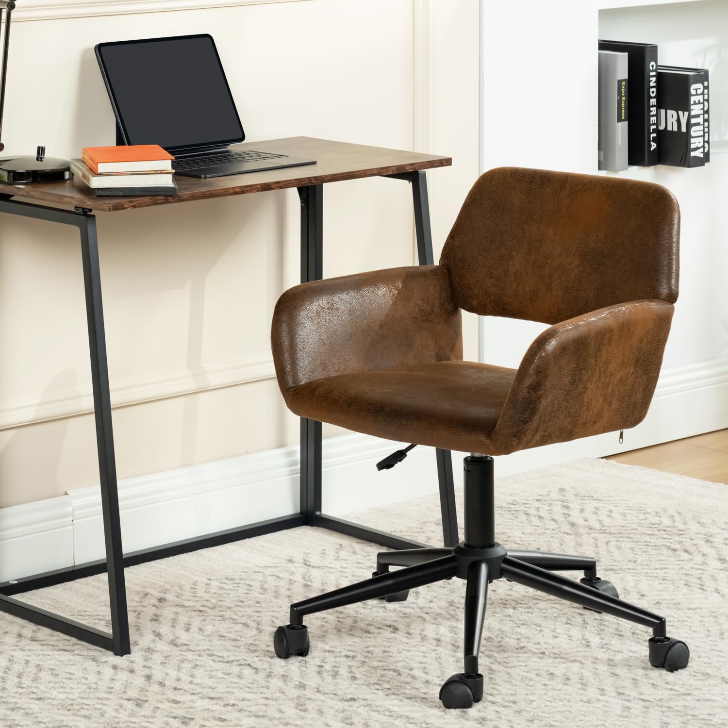 Ergonomic Mid Back Office Chair - Upholstered Suede Fabric Swivel Desk Chair with Adjustable Height & Rolling Wheels, Comfortable Computer Task Chair for Home Office, Study, Makeup Station & Small Spaces (Brown) - Perfect for Remote Work, Online Classes & Compact Workstations