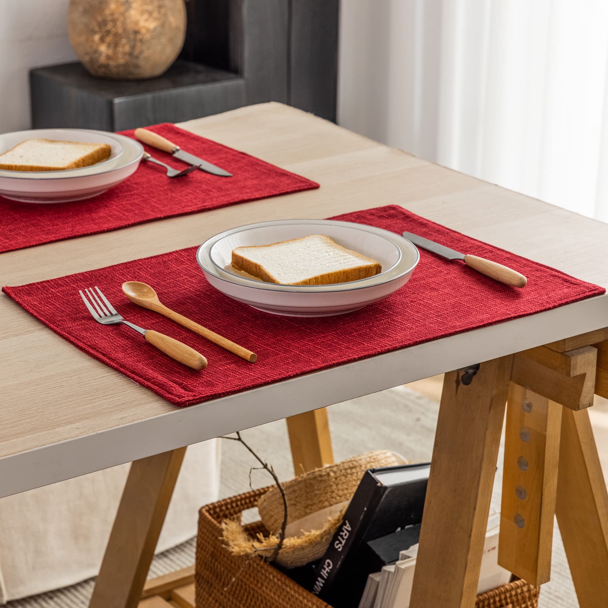 Kevin Textile 4-Piece Burlap Linen Placemats Set - Heat Resistant, Washable Dining Table Mats (13x19 Inches, Burgundy) for Valentine's Day, Kitchen & Holiday Decor