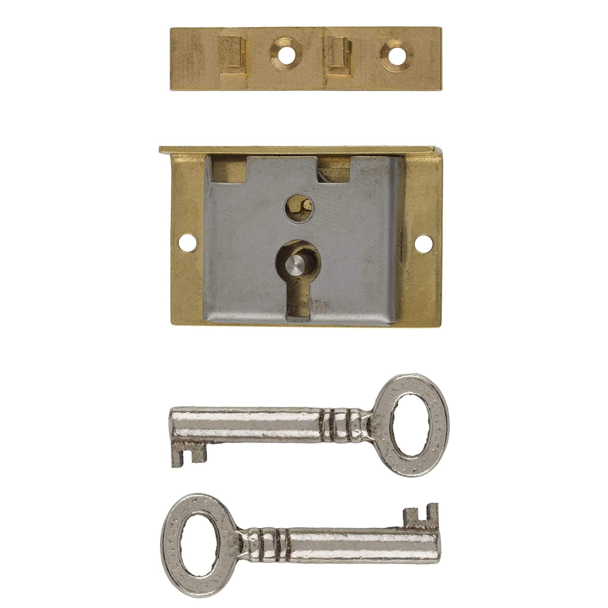 Small Brass Half Mortise Chest Lock with 2 Skeleton Keys | Antique Style Box Lock HL1-SB-2K for Jewelry Boxes, Cabinets & Vintage Furniture