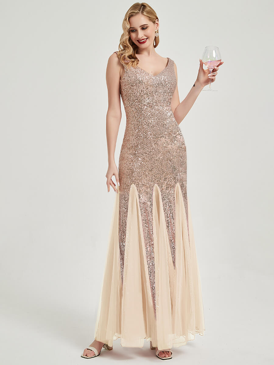 Champagne Gold Sequin Tulle V-Neck Sleeveless Mermaid Evening Gown for Prom, Wedding, and Formal Events