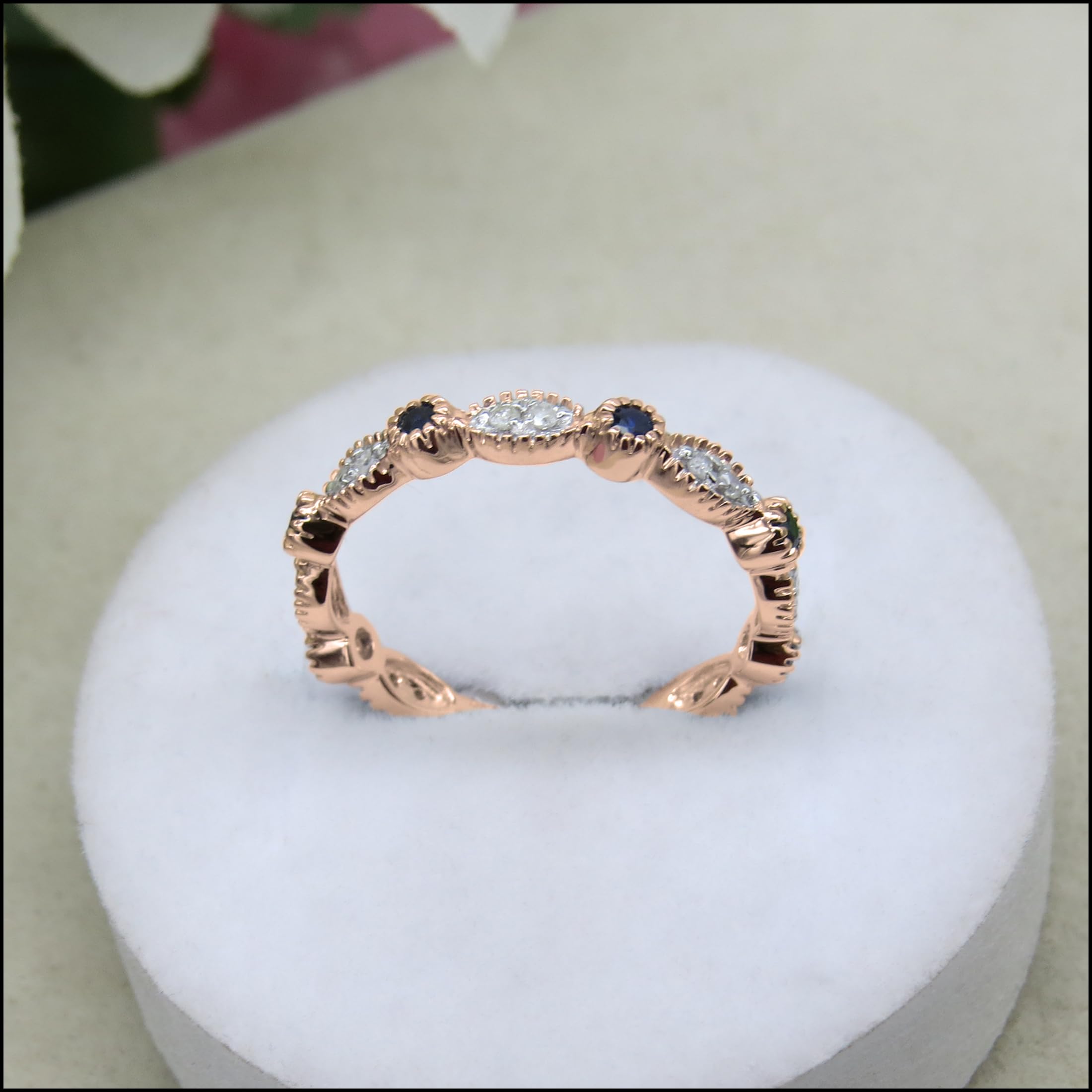 14K Solid Gold Round Blue Sapphire & White Diamond Vintage Stackable Eternity Wedding Ring for Women - Elegant Bridal Jewelry, Anniversary Gift, Stackable Ring Set for Special Occasions