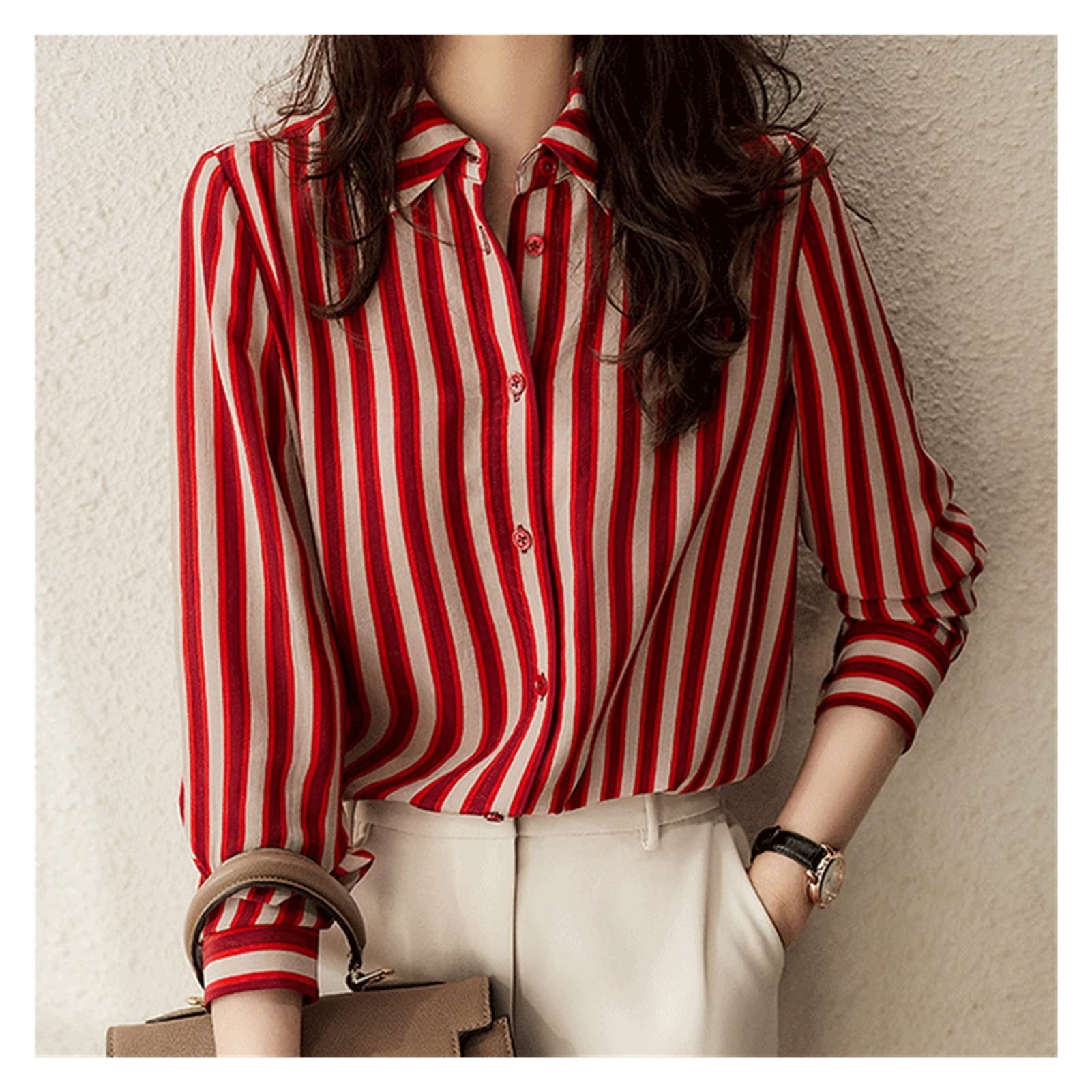 SKREOJF Women's Autumn Striped Long Sleeve Button-Up Shirt - Loose Fit Patchwork Blouse for Spring & Fall (Red, XXL) | Casual Office Wear & Weekend Outfits
