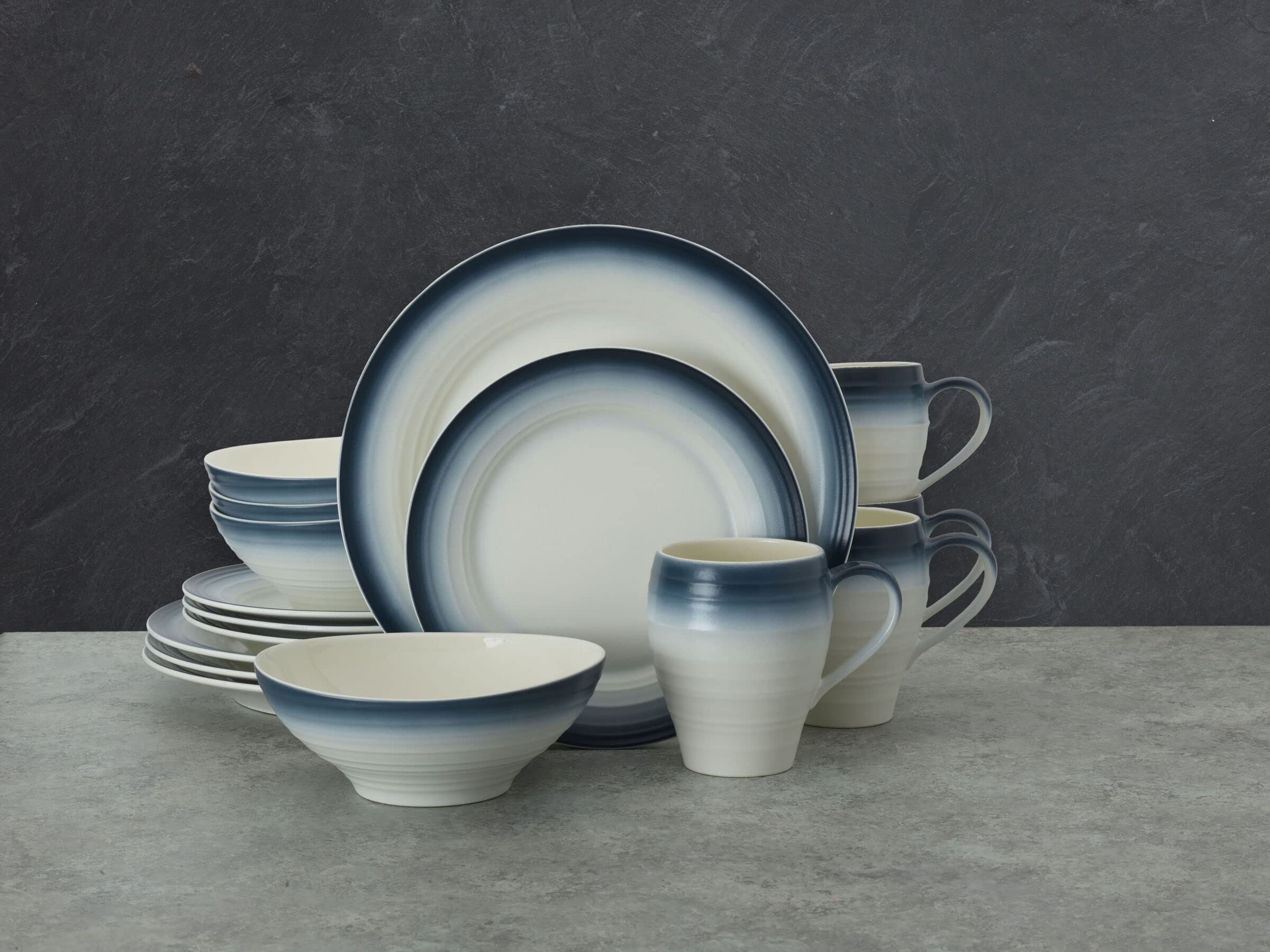 Mikasa Swirl 16-Piece Dinnerware Set for 4 - Elegant Blue Porcelain Plates, Bowls & Mugs - Perfect for Family Dinners, Entertaining Guests & Everyday Use