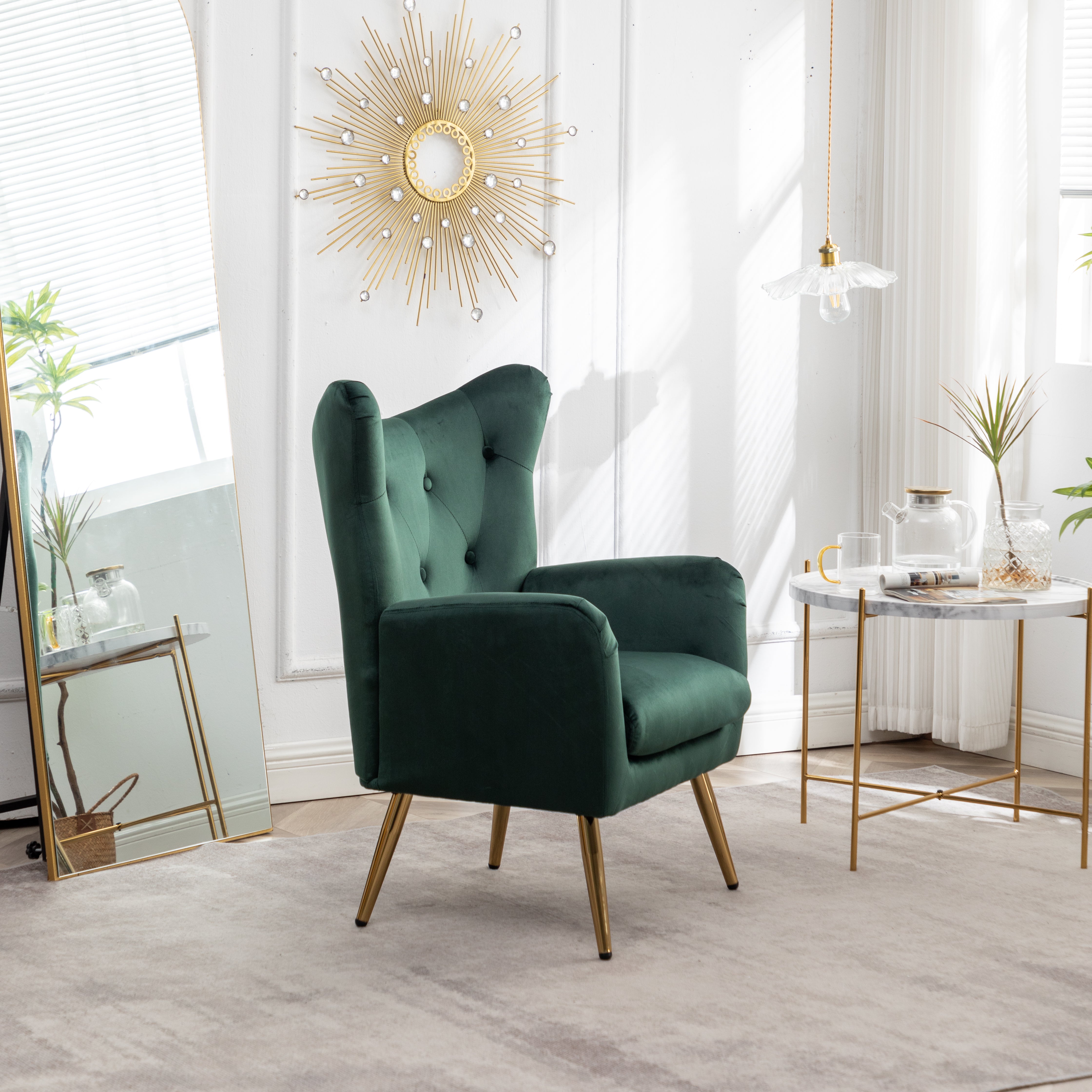 Roundhill Furniture Sovarol Velvet Button Tufted Wingback Accent Chair - Luxurious Green Velvet Upholstery for Living Room, Bedroom & Home Office Decor