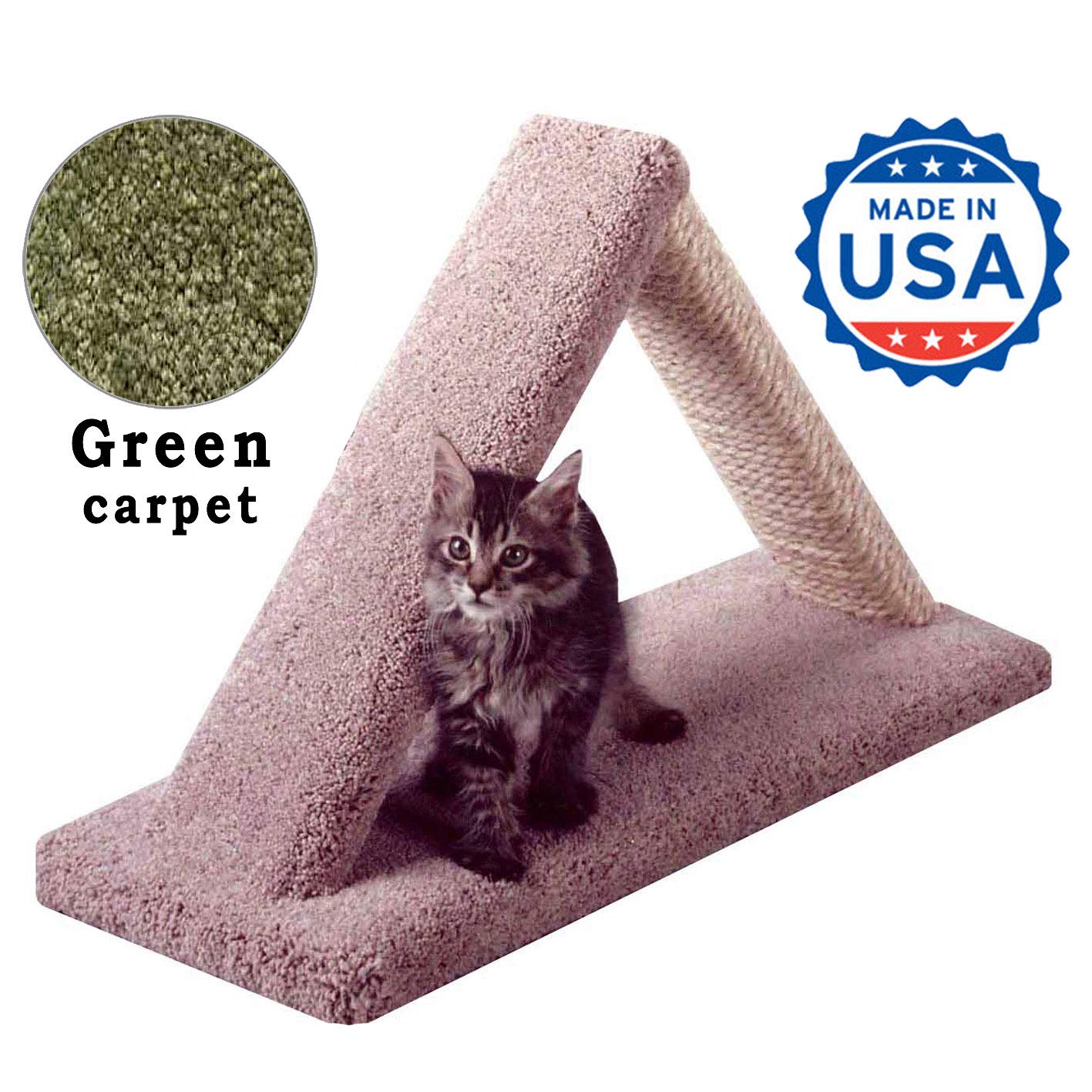 Premium Solid Wood Triangle Cat Scratching Post with Sisal & Carpet Poles - Handmade in USA, Natural Green - Perfect for Indoor Cats, Furniture Protection & Playtime Enrichment