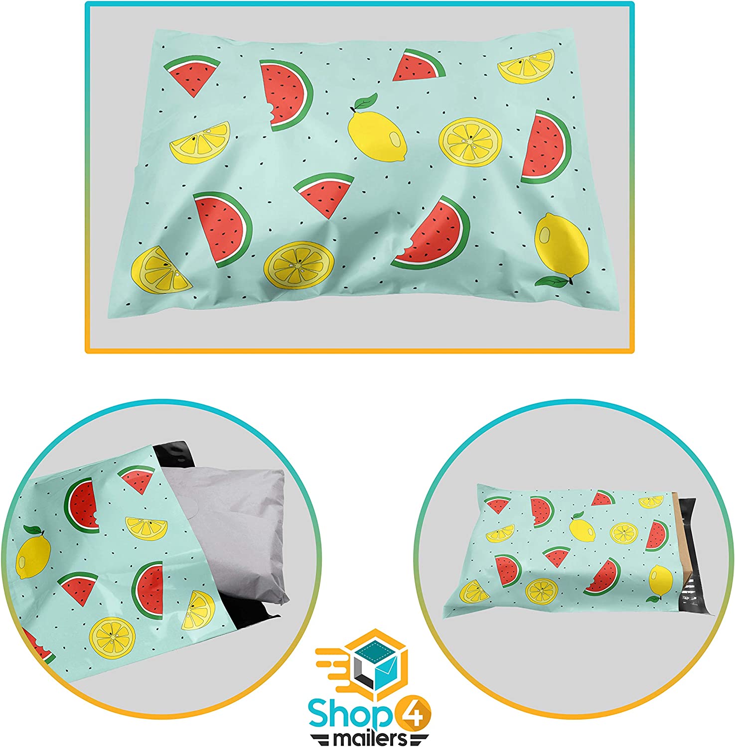 10 x 13 Inch Glossy Watermelon & Lemon Print Poly Mailer Envelopes - 2 Mil Thick Self-Sealing Shipping Bags for Ecommerce, Subscription Boxes and Small Business Packaging