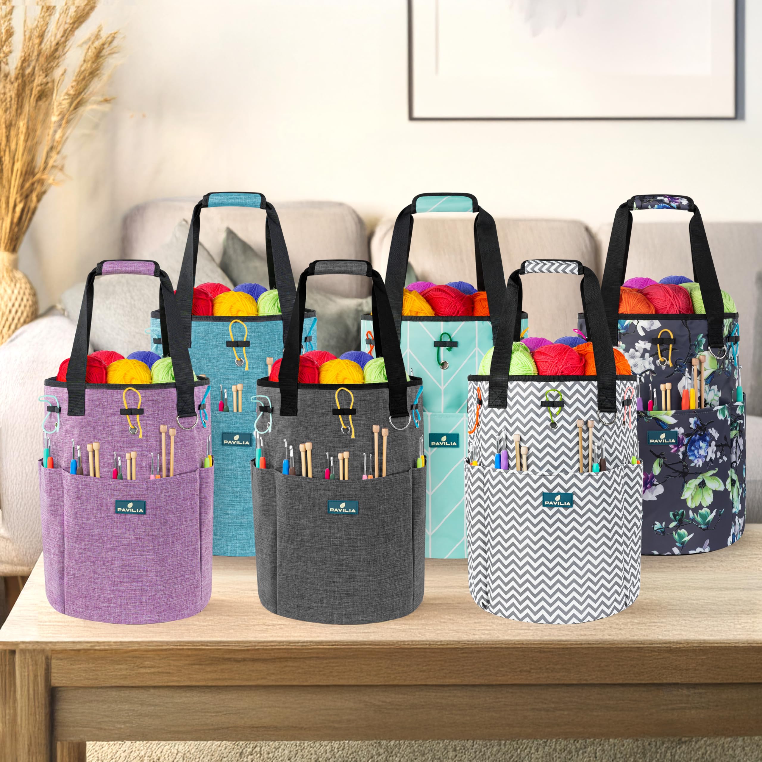 PAVILIA Crochet Yarn Bag Organizer with Grommets - Perfect Gift for Knitters & Portable Craft Storage (Heather Purple) for Travel & Home Use
