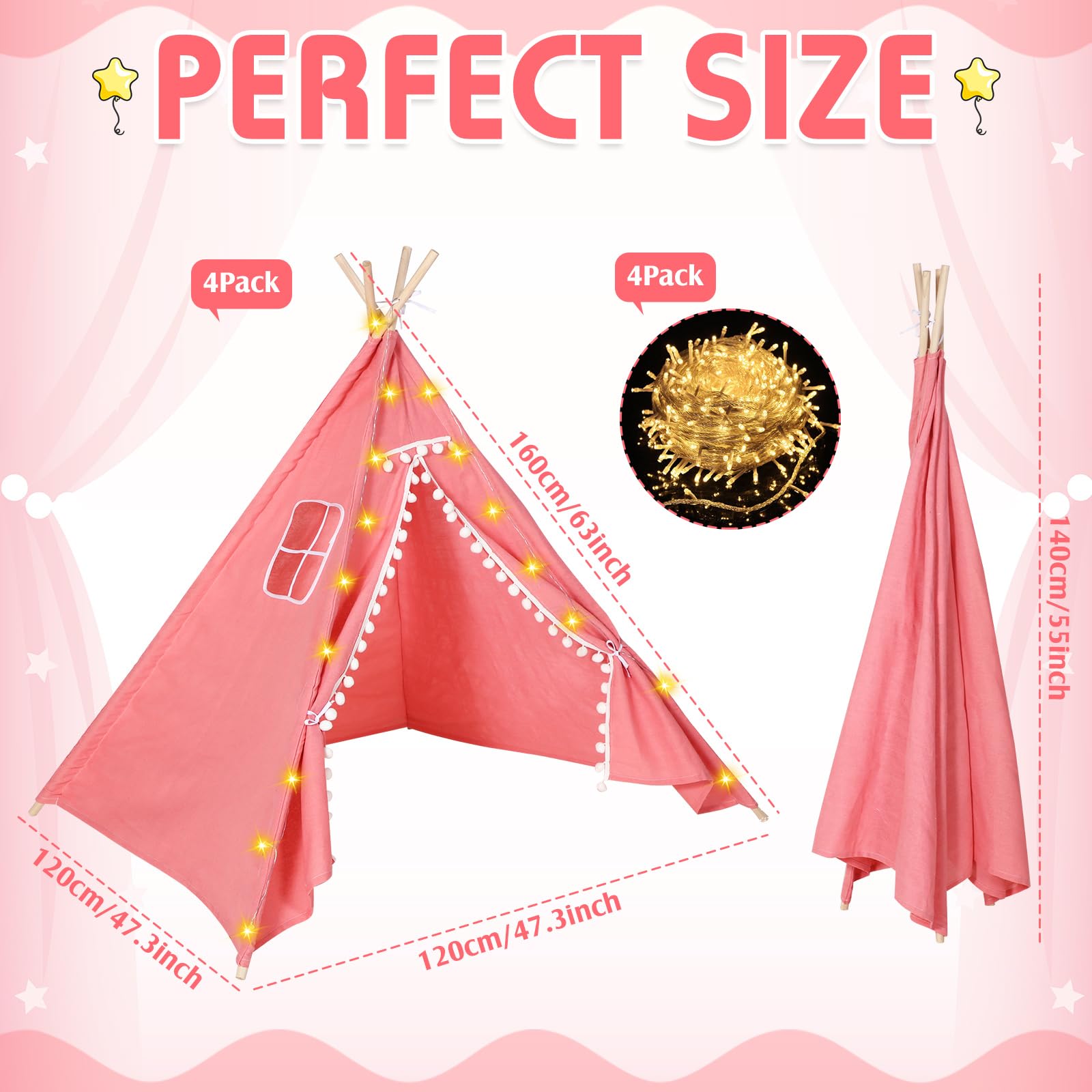 **Windyun 4-Piece Kids Teepee Tent with LED Lights - Foldable Cotton Linen Play Tent for Girls & Boys - Indoor Outdoor Slumber Party, Sleepover & Playroom Decor (Pink)**    *(Perfect for Birthday Parties, Nursery Room Decor, Camping Adventures & Cozy Playtime!)*