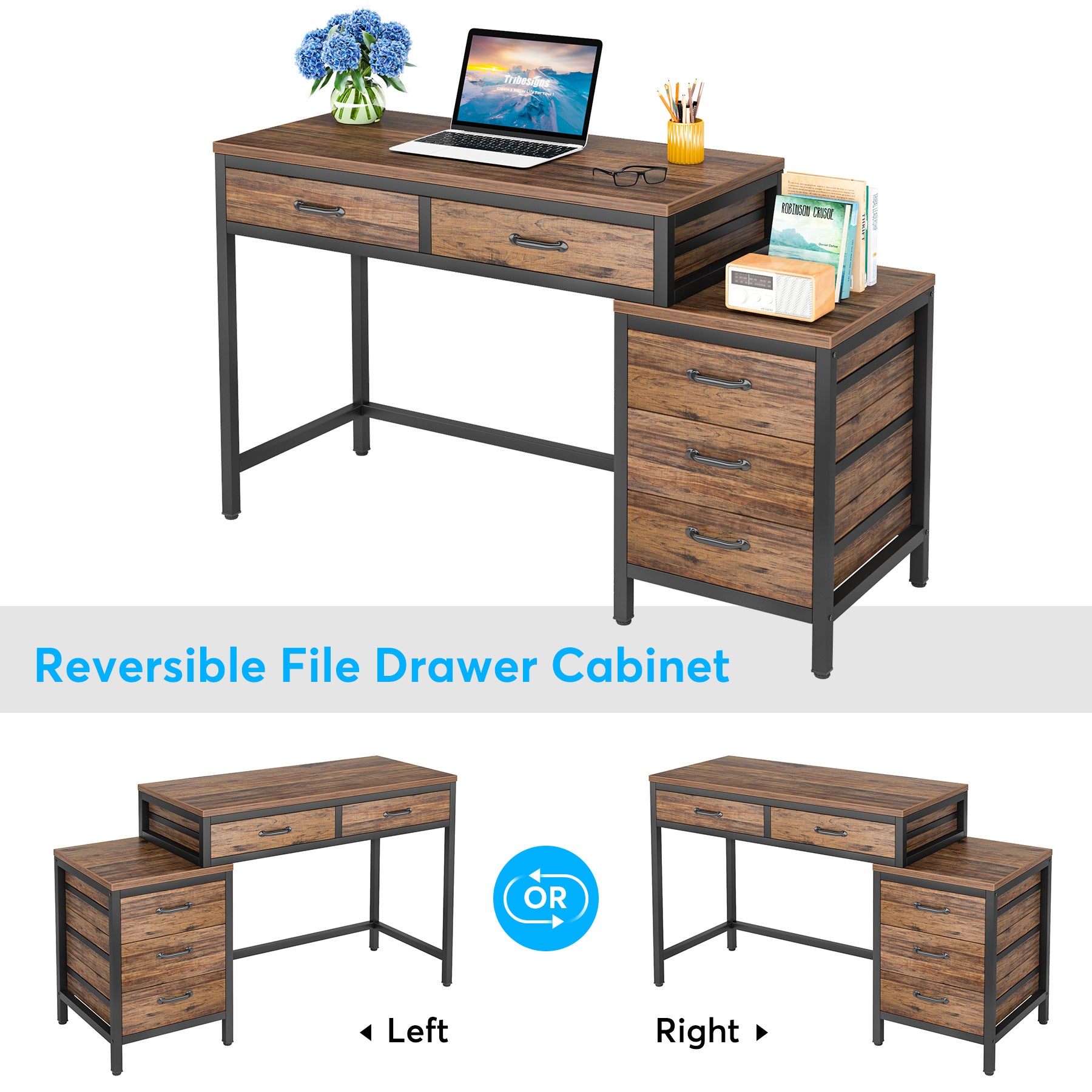 5-Drawer Computer Desk with Reversible Cabinet - Sturdy Study & Writing Table for Home Office, Gaming, and Workspace Organization