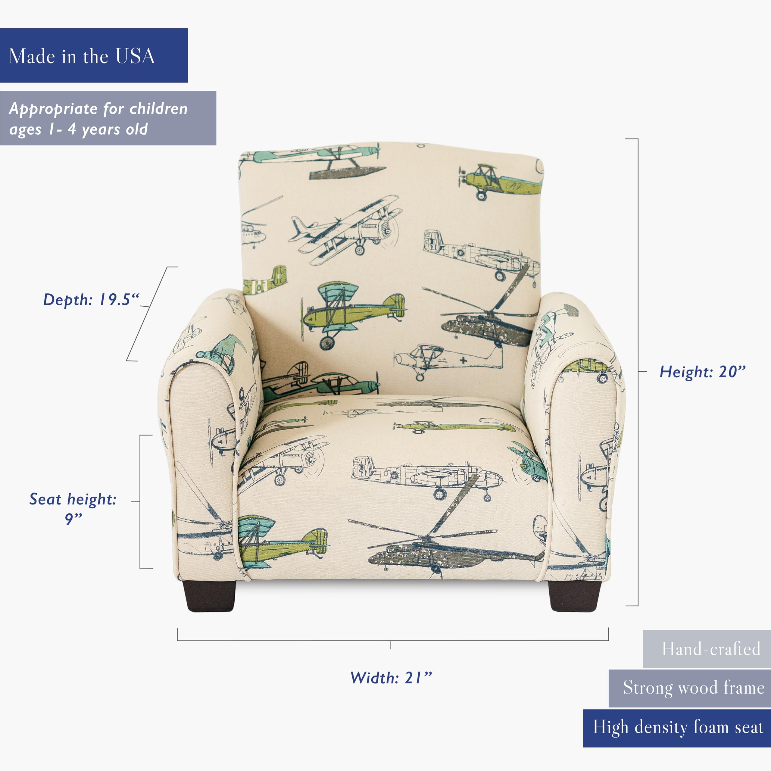 Personalized Kids Rocking Chair with Name - Airplane Print Upholstered Toddler Armchair, Comfortable & Custom Children's Furniture for Nursery, Bedroom or Playroom