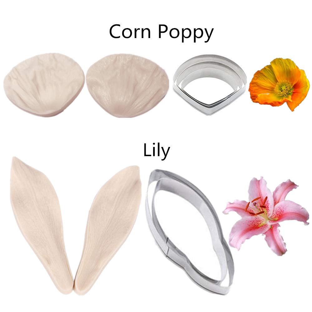 16-Piece Gum Paste Flower Tools Kit - 8 Silicone Flower Molds & 8 Stainless Steel Fondant Cutters for Cake Decorating | Perfect for Wedding, Birthday, Cupcake & Cookie Sugar Crafting