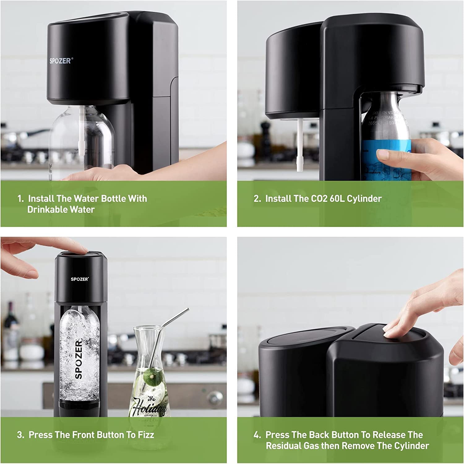 Spozer Sparkling Water Maker - Soda Machine for Carbonated Drinks with 1L BPA-Free Reusable Bottle & 60L CO2 Cylinder | Perfect for Home, Office, Parties & Healthy Hydration