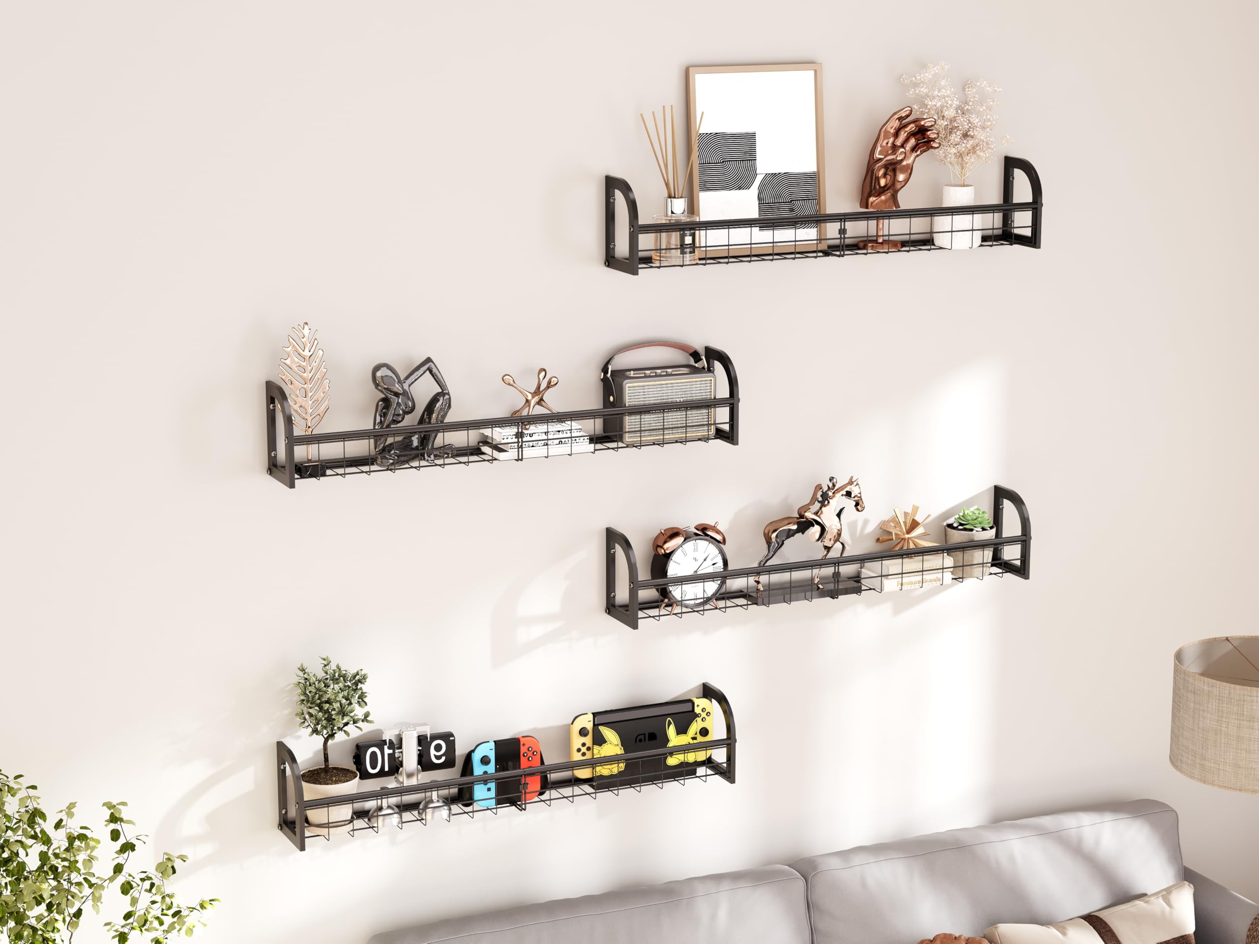 Wall Mounted Bookshelf Set of 4 - Floating Shelves for Kids Room, Nursery & Bedroom Decor - Black Metal Organizer - Perfect for Books, Toys & Display (Home & Office Use)