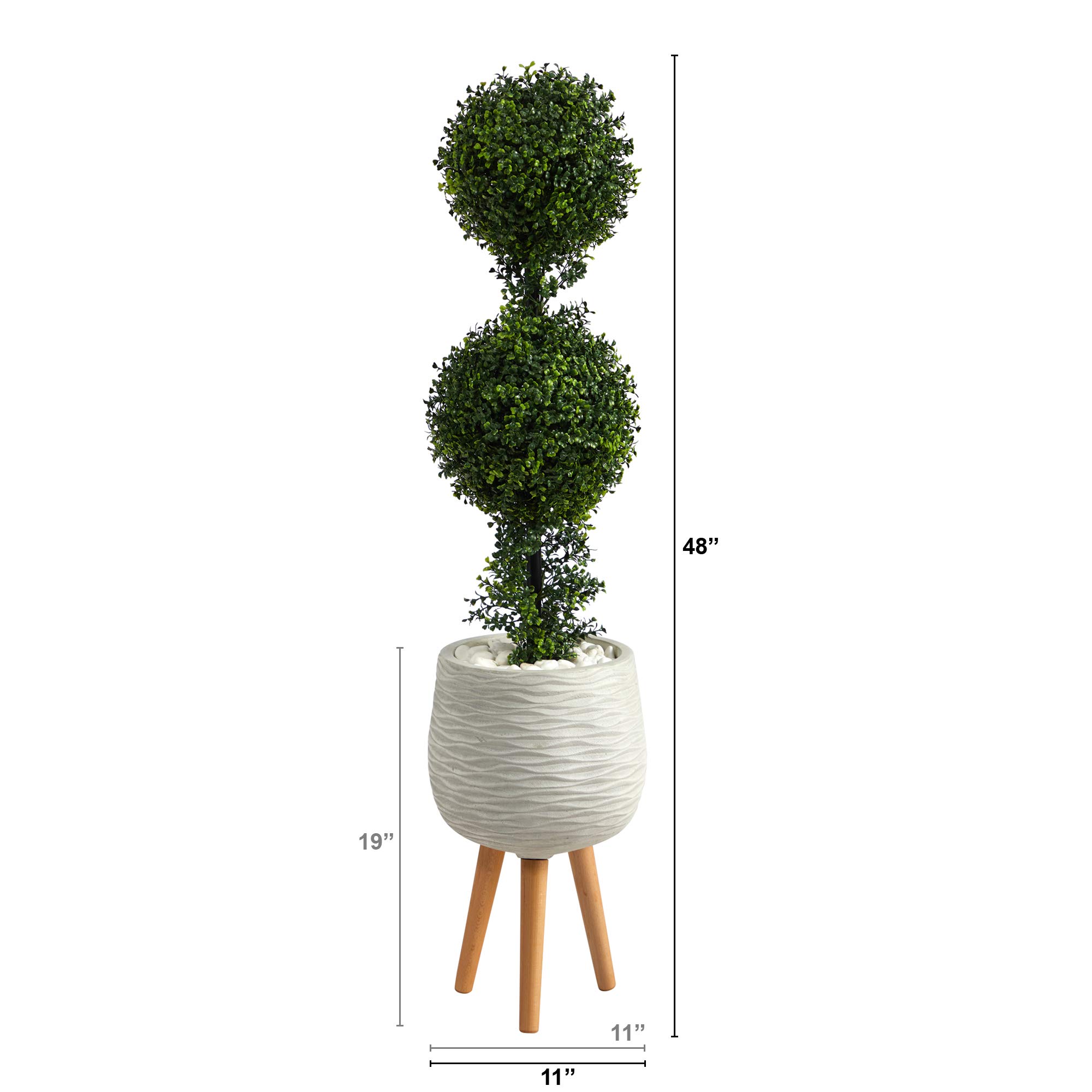 Nearly Natural 4ft Artificial Boxwood Double Ball Topiary Tree in White Planter with Stand - Indoor Outdoor Decor for Patio, Garden, Porch, Living Room & Office