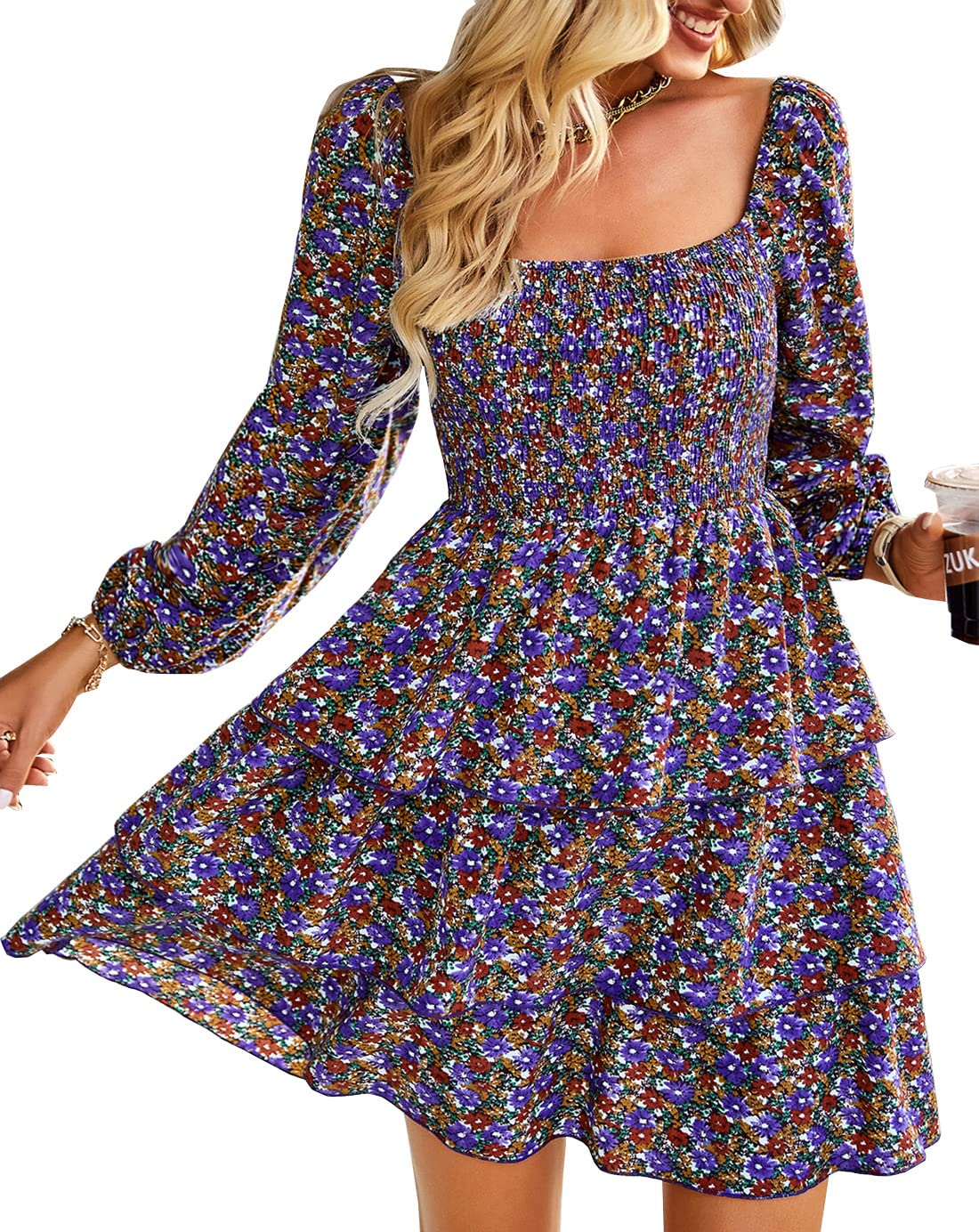 BTFBM Women's Floral Swiss Dot Smocked Mini Dress - Square Neck Long Sleeve Boho Wedding Guest Dress for Spring & Summer 2025 | Perfect for Garden Parties, Bridal Showers & Date Nights