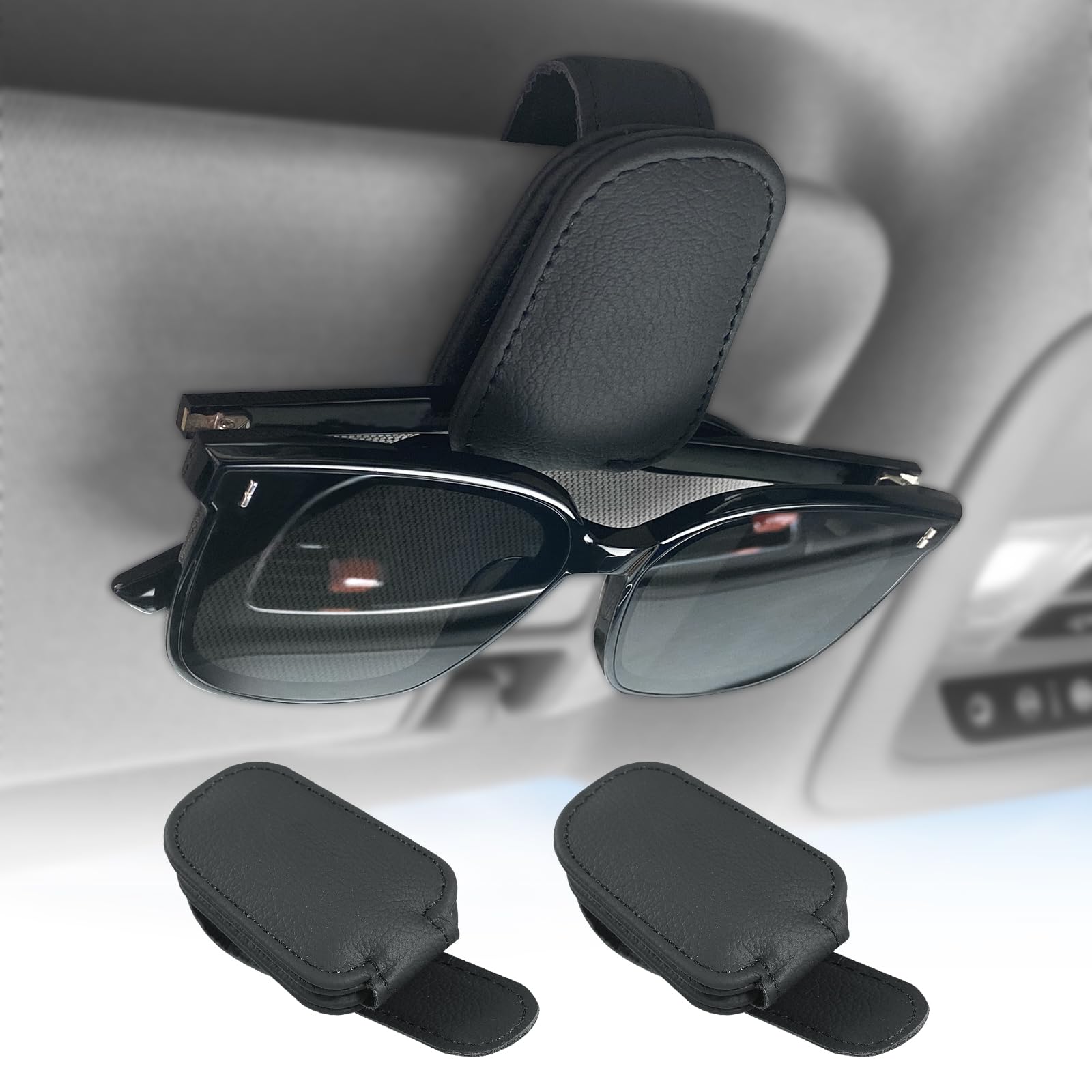2 Pack Magnetic Leather Sunglass Holder for Car Visor - Black Eyeglass Hanger Clip Organizer | Perfect for Driving, Road Trips & Daily Commute