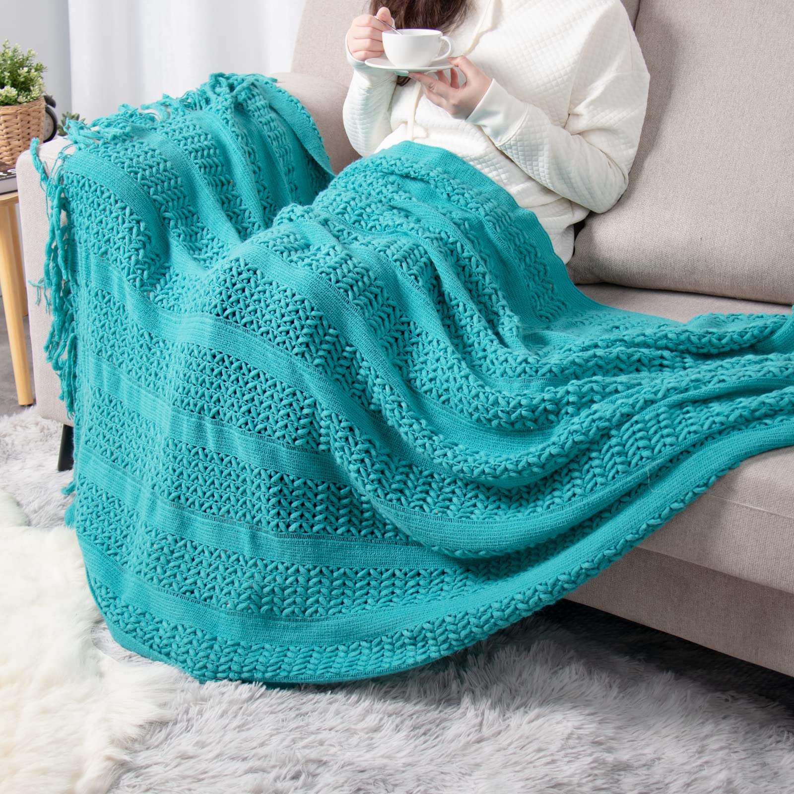 Lifein Soft Boho Knitted Farmhouse Throw Blanket - Cozy Lightweight Blanket with Tassels for Couch, Bed, Sofa & Chair | Perfect for Autumn, Home Decor & Gift (Teal/Turquoise, 50x60 inches) - Ideal for Reading Nooks, Fireplace Lounging & Cozy Evenings