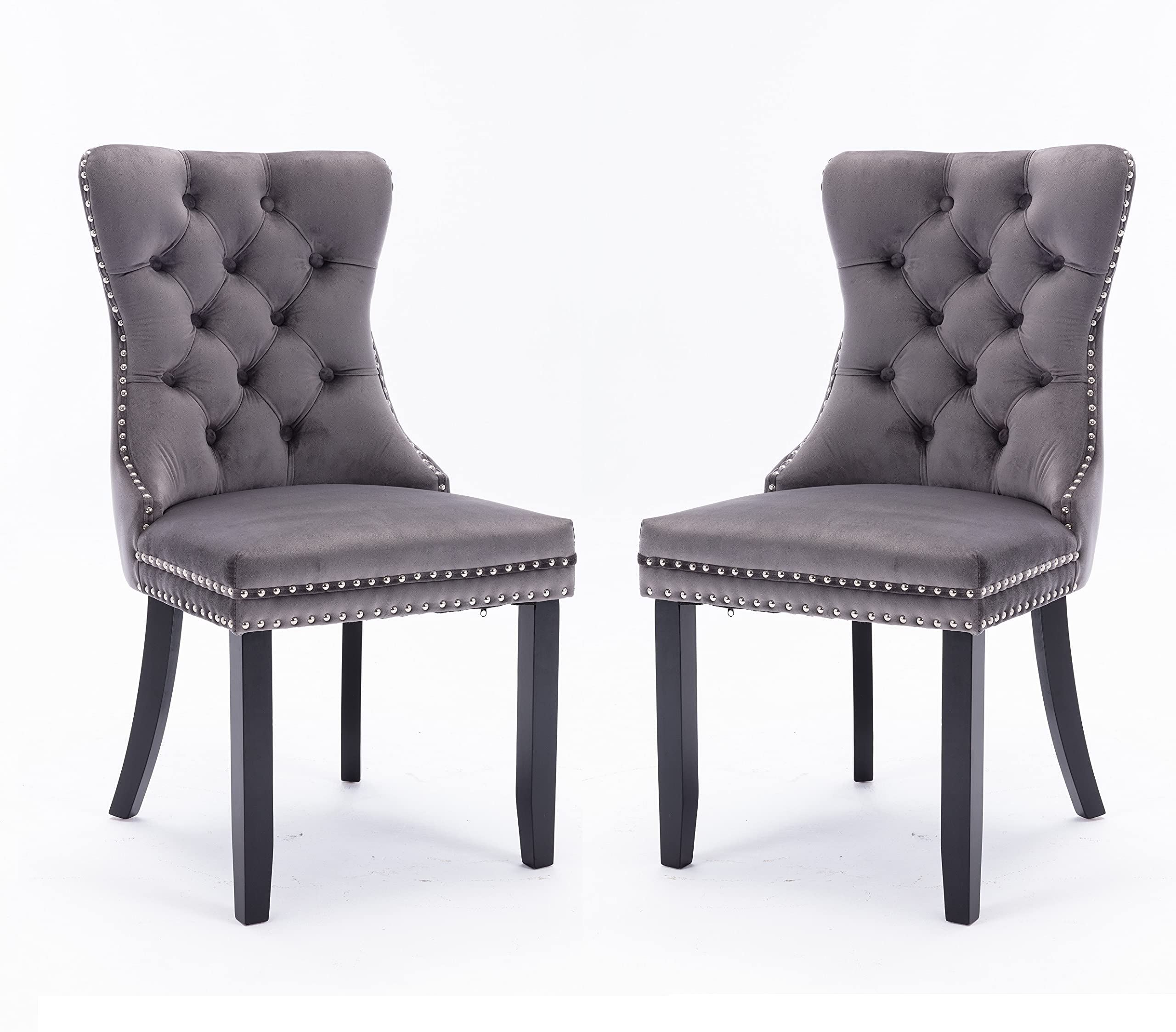 Luxury Velvet Dining Chairs Set of 2 - Elegant Tufted Upholstered Accent Chairs with Nailhead Trim & Ring Pull Design, Dark Grey - Perfect for Dining Room, Living Room or Home Office Decor