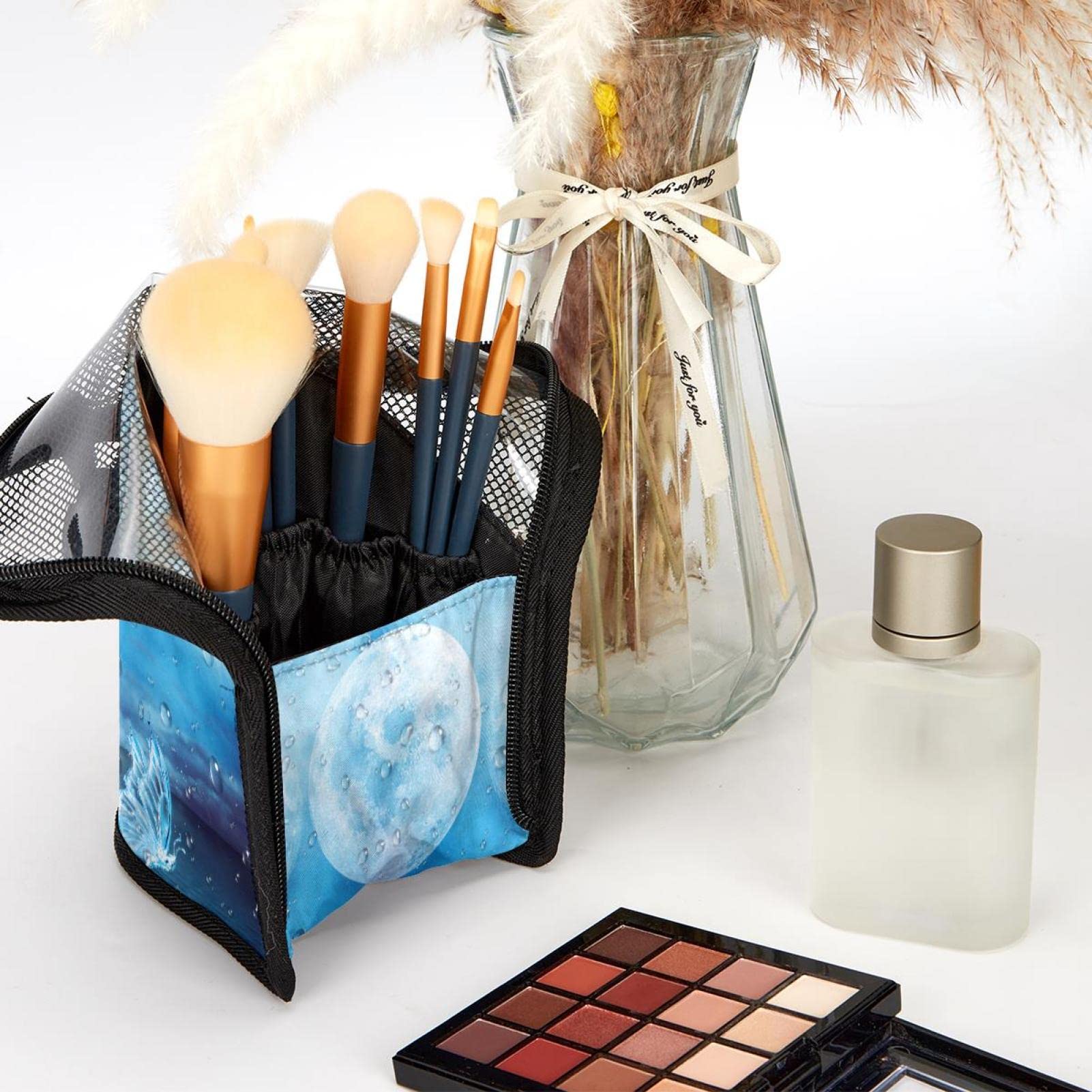 12-Piece Makeup Brush Set with Organizer Bag - Water Drop Sea Moon Butterfly Design, Portable Cosmetic Brush Holder Case for Travel & Home Storage