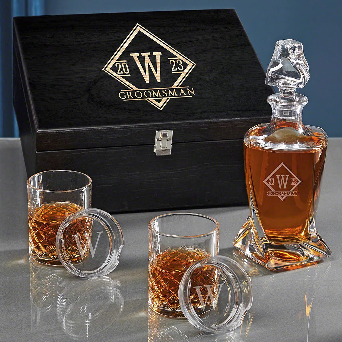 Personalized Drake Twist Bourbon Decanter Gift Set with Sterling Glasses - Custom Engraved Whiskey Decanter for Men - Perfect Bourbon Gift for Anniversary, Birthday & Housewarming - HomeWetBar Premium Barware Collection