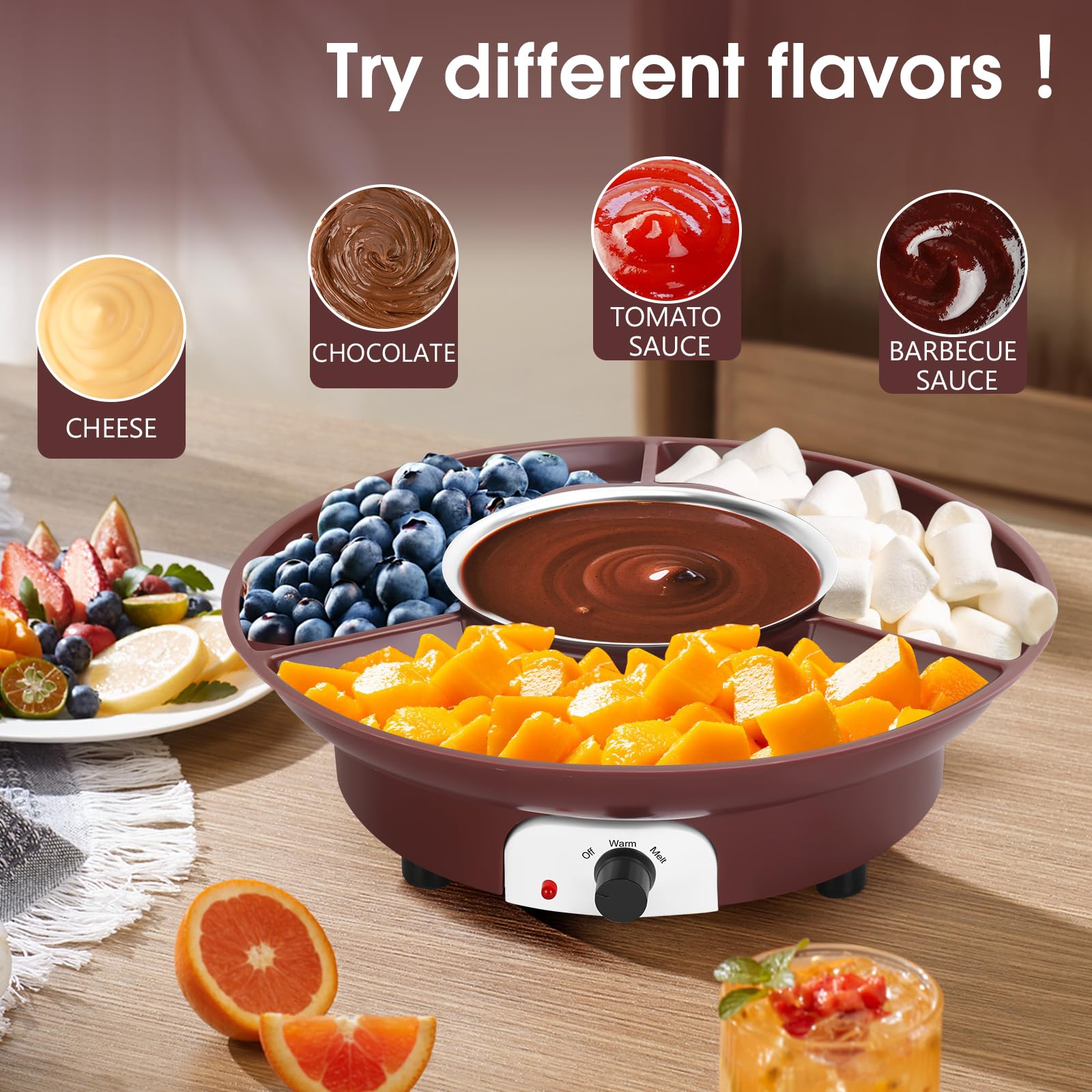 Electric Chocolate Fondue Pot Set with 3-Section Serving Tray & 6 Dipping Forks - Professional Melting Pot for Chocolate, Cheese & Candy - Perfect for Christmas Parties, Housewarming Gifts & Family Gatherings (Brown)
