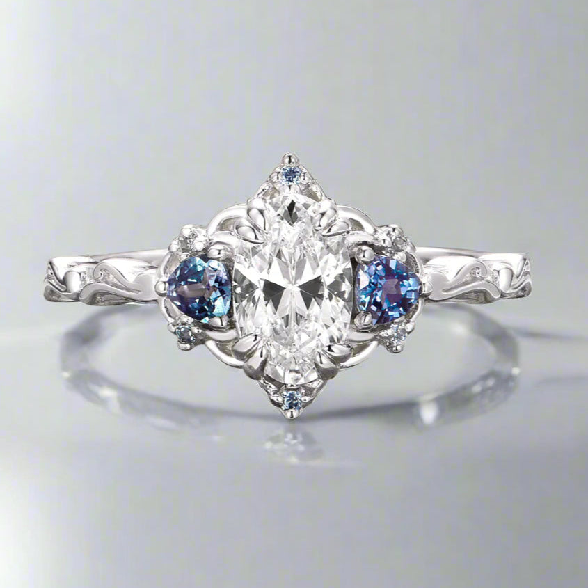 14K White Gold Moissanite & Alexandrite Ring for Women - Elegant Wedding, Engagement, Anniversary Jewelry Gift