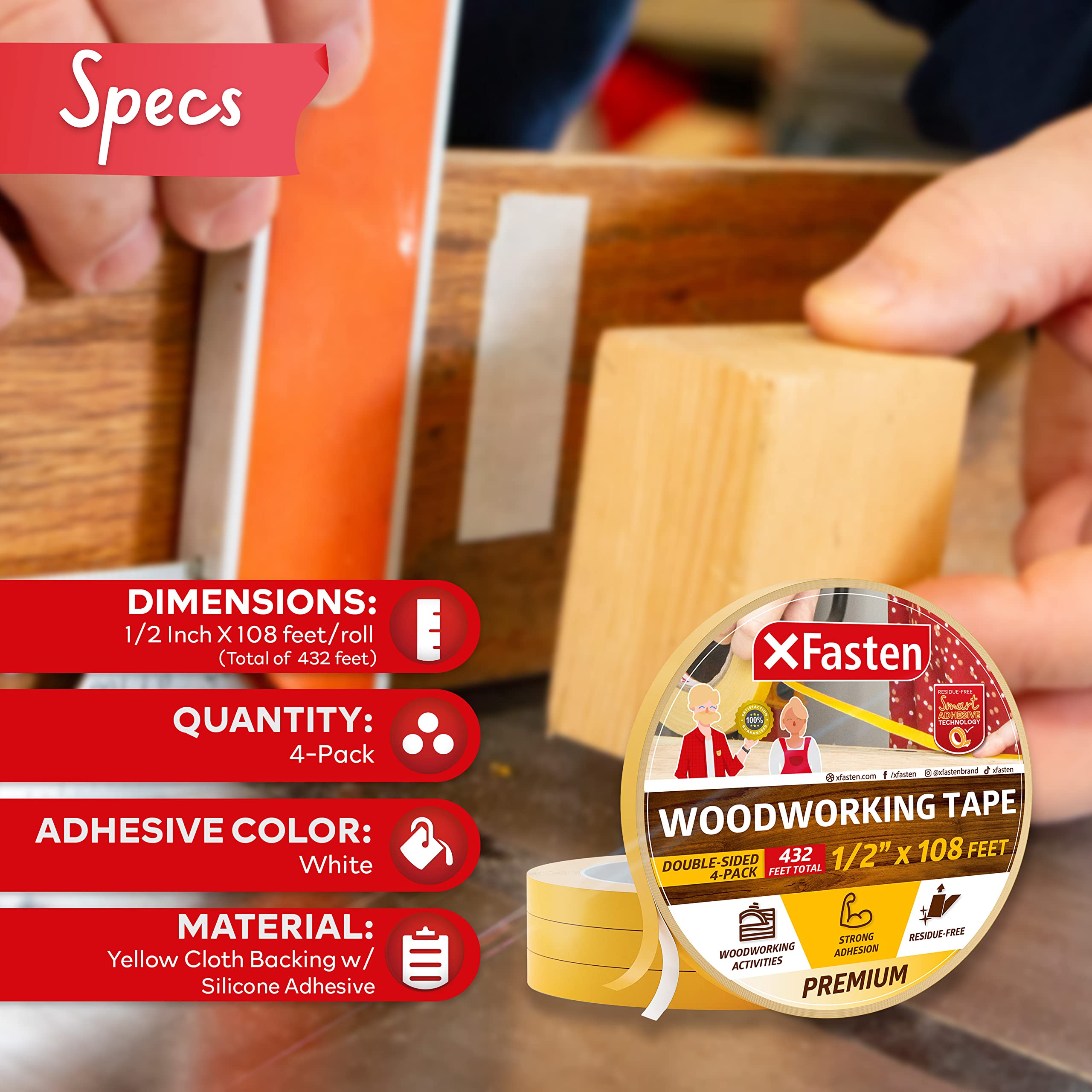 XFasten Double Sided Woodworking Tape 1/2 Inch x 36 Yards (4-Pack) - Strong Adhesive Wood Turner's Tape for Woodworking, Template Making, Edge Banding, Routing and Anchoring | Removable & Residue Free | Perfect for DIY Projects, Furniture Making and Crafting