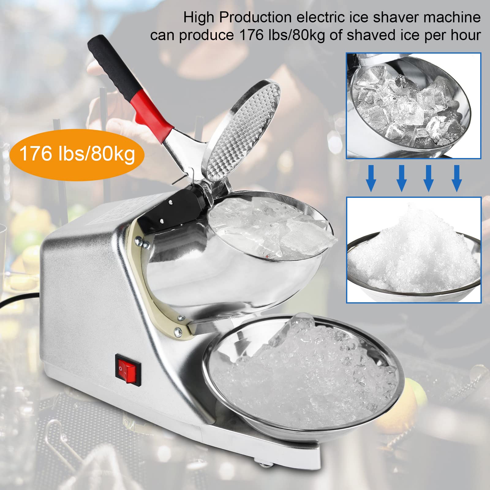 Electric Ice Crusher Machine 110V - 300W Dual Blade Ice Shaver with Bowl & Cover - 80kg/Hour Snow Cone Maker for Home & Commercial Use - Perfect for Margaritas, Smoothies, Cocktail Bars & Party Drinks (Silver)