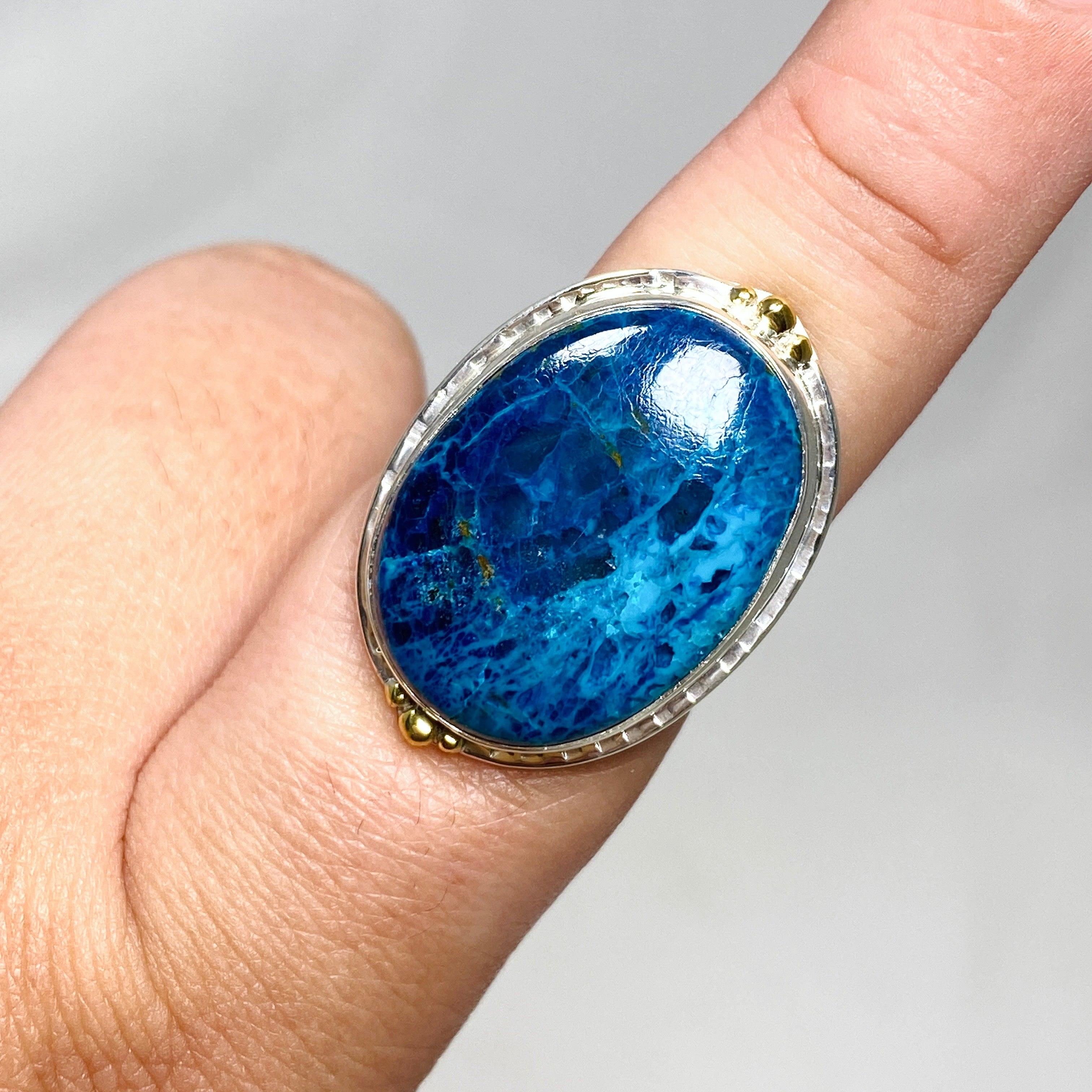 Shattuckite Oval Ring with Brass Accents - Size 9 Blue Gemstone Jewelry KRGJ3227 | Healing Crystal Ring for Meditation & Spiritual Energy