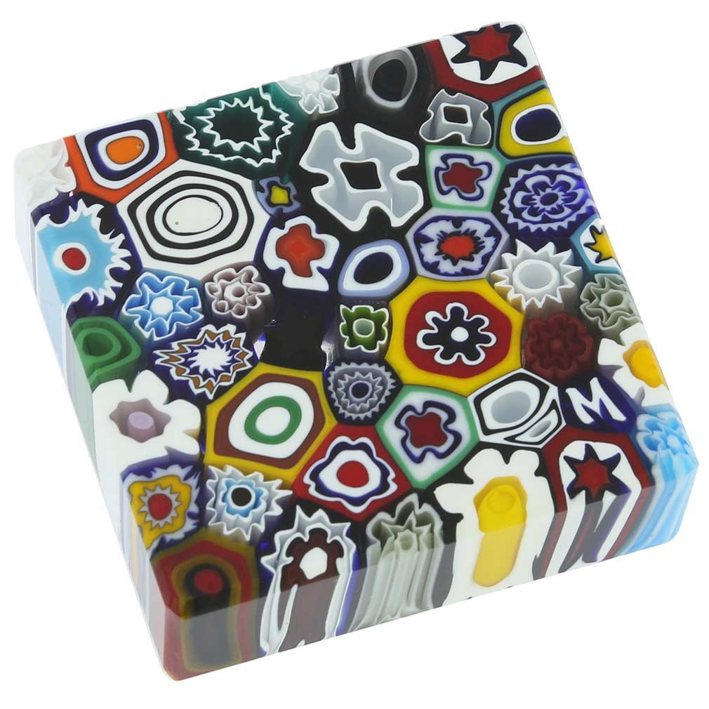 Authentic Murano Glass Millefiori Square Paperweight from Venice - Medium Size Handcrafted Italian Art Glass - Perfect for Office Desk Decor & Luxury Gift