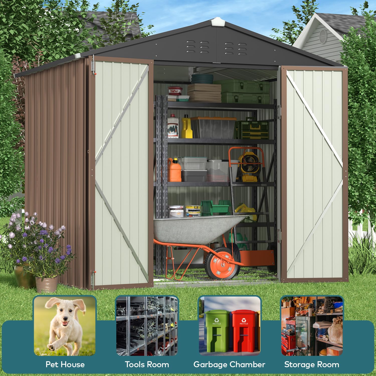 Gizoon 8x6 FT Galvanized Metal Outdoor Storage Shed - Double Lockable Doors, Weather-Resistant Garden Shed for Backyard, Patio & Lawn (Light Brown) | Perfect for Storing Tools, Equipment & Seasonal Items