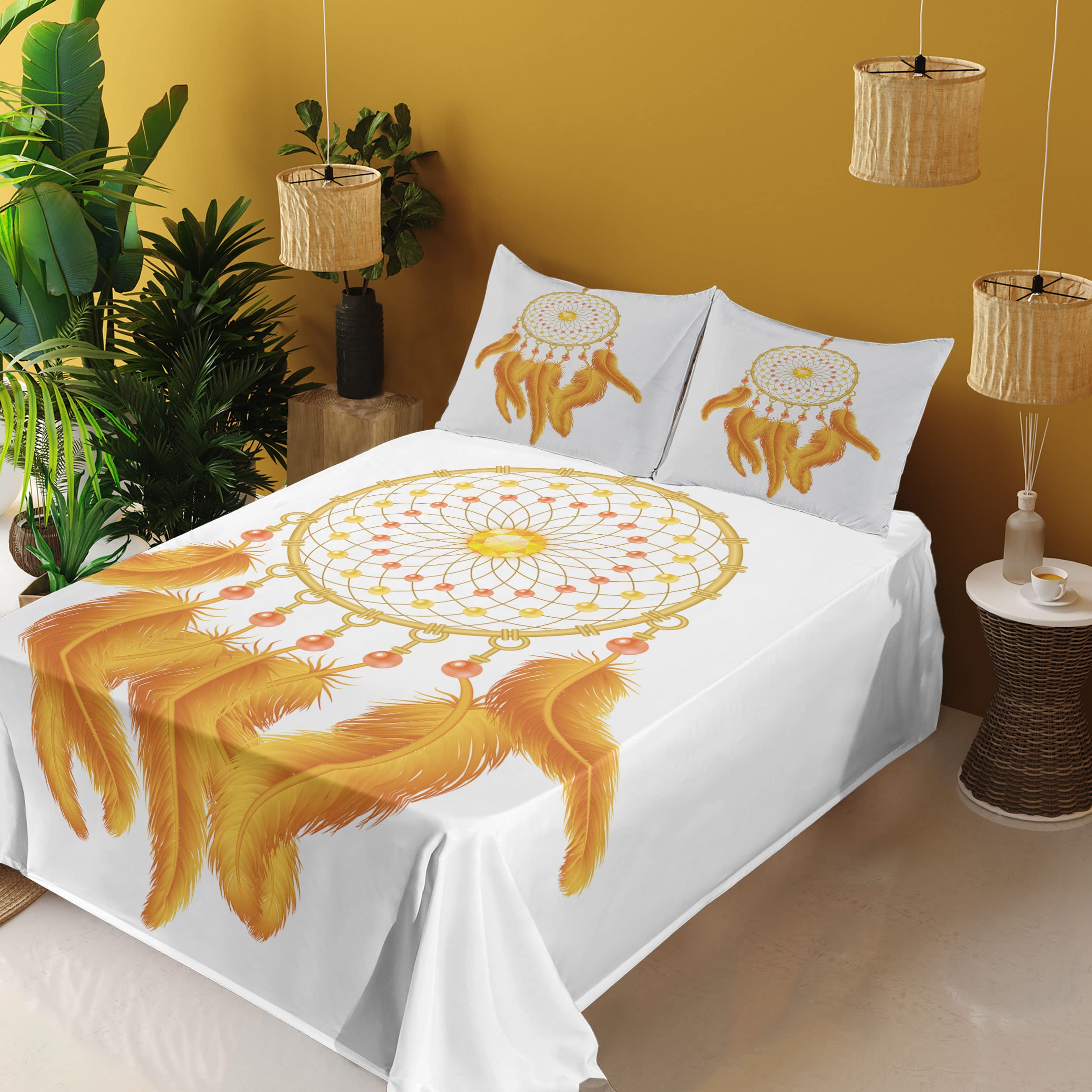 Ambesonne Aztec Bed Sheet Set - Golden Yellow Dreamcatcher Native Indigenous Design, 4-Piece King Size Bedding with Fitted Sheet, Flat Sheet & Pillowcases in Marigold White | Perfect for Boho Chic, Southwestern & Cultural Themed Bedrooms