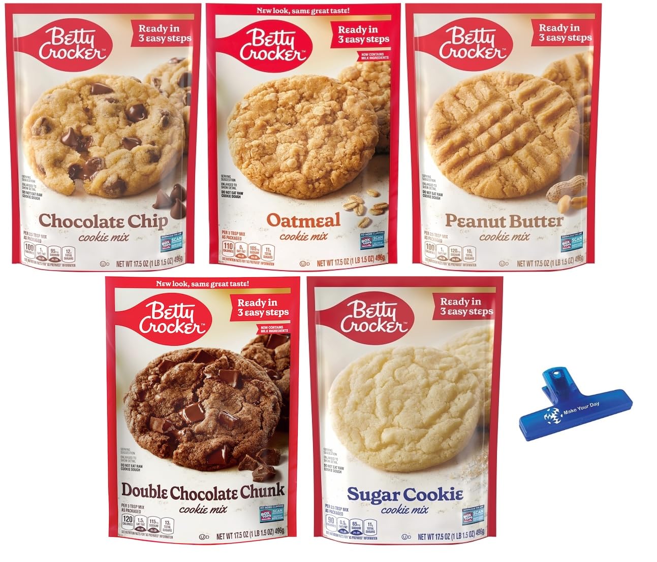 Betty Crocker 5-Pack Cookie Mix Variety - Chocolate Chip, Oatmeal, Peanut Butter, Double Chocolate Chunk & Sugar Cookie (17.5 oz Each) | Perfect for Baking Parties, Holiday Treats & Family Desserts