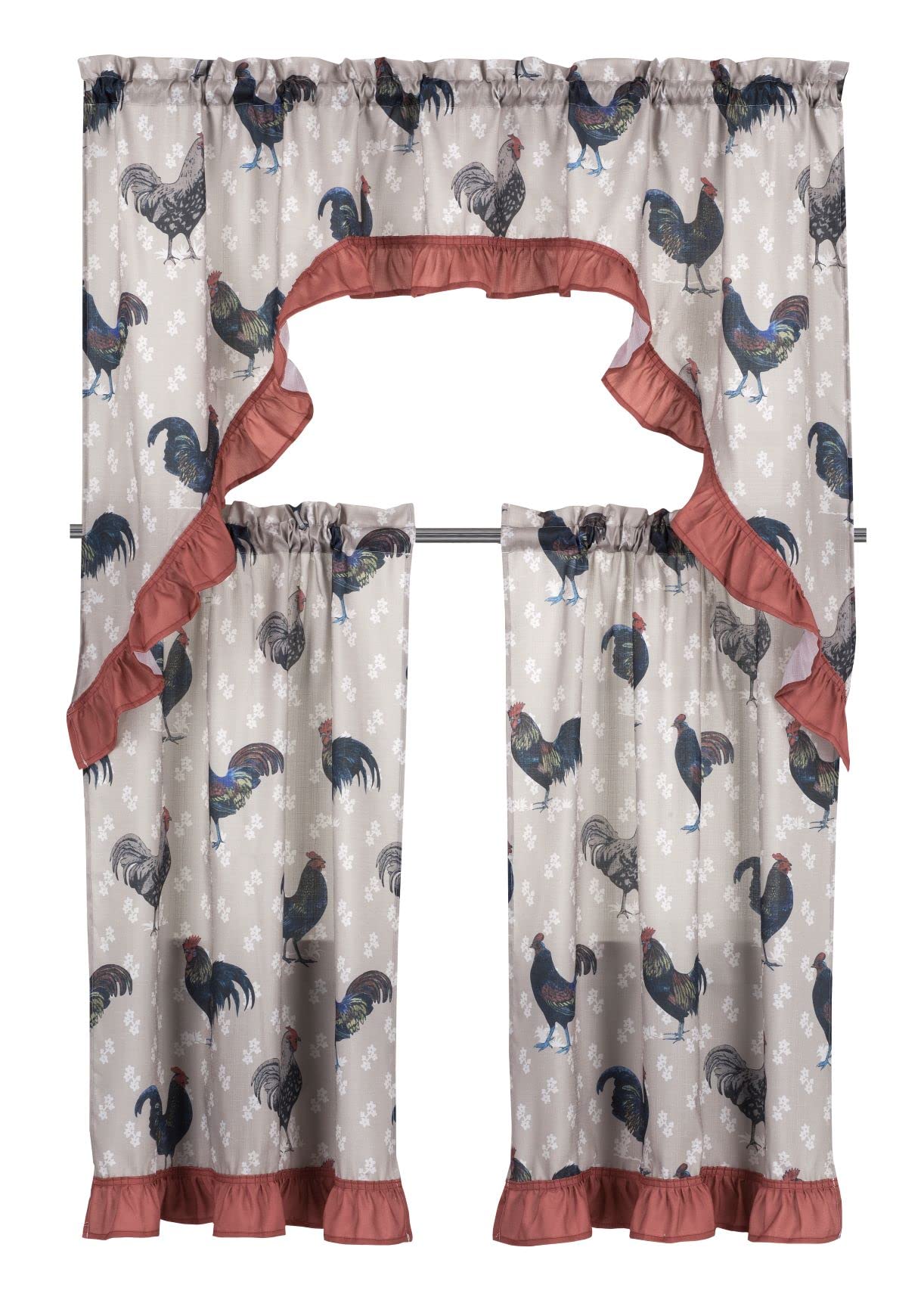 Regal Home Collections Rooster Print Kitchen Curtains 3-Piece Set - Farmhouse Style Half Window Panels & Valance (56