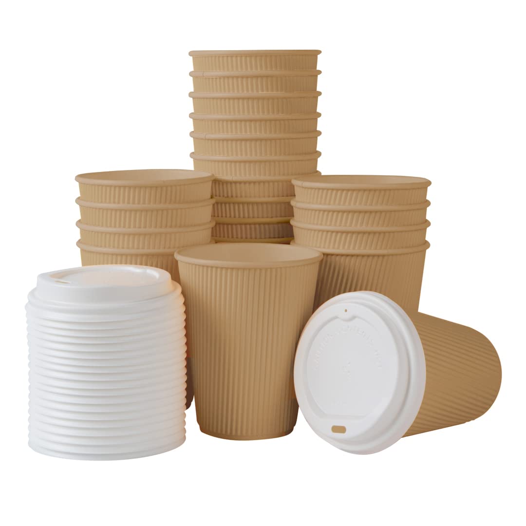 Restaurantware 12oz Insulated Coffee Cups with Lids - 200 Pack Leakproof Ripple Wall Hot Cups | Eco-Friendly Kraft Paper Disposable Cups for Coffee, Tea, Hot Chocolate & Lattes | Perfect for Cafes, Offices & Catering Events