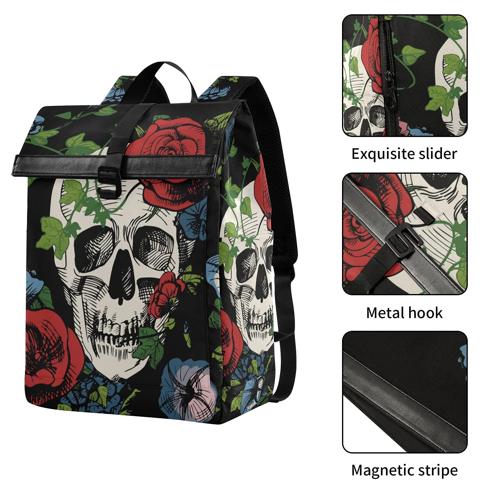 ALAZA Waterproof Anti-Theft Roll Top Laptop Backpack for Women & Men - Skull Roses & Leaves Design, Fits 13-17.3 Inch Laptops - Perfect for College, Travel & Daily Commute
