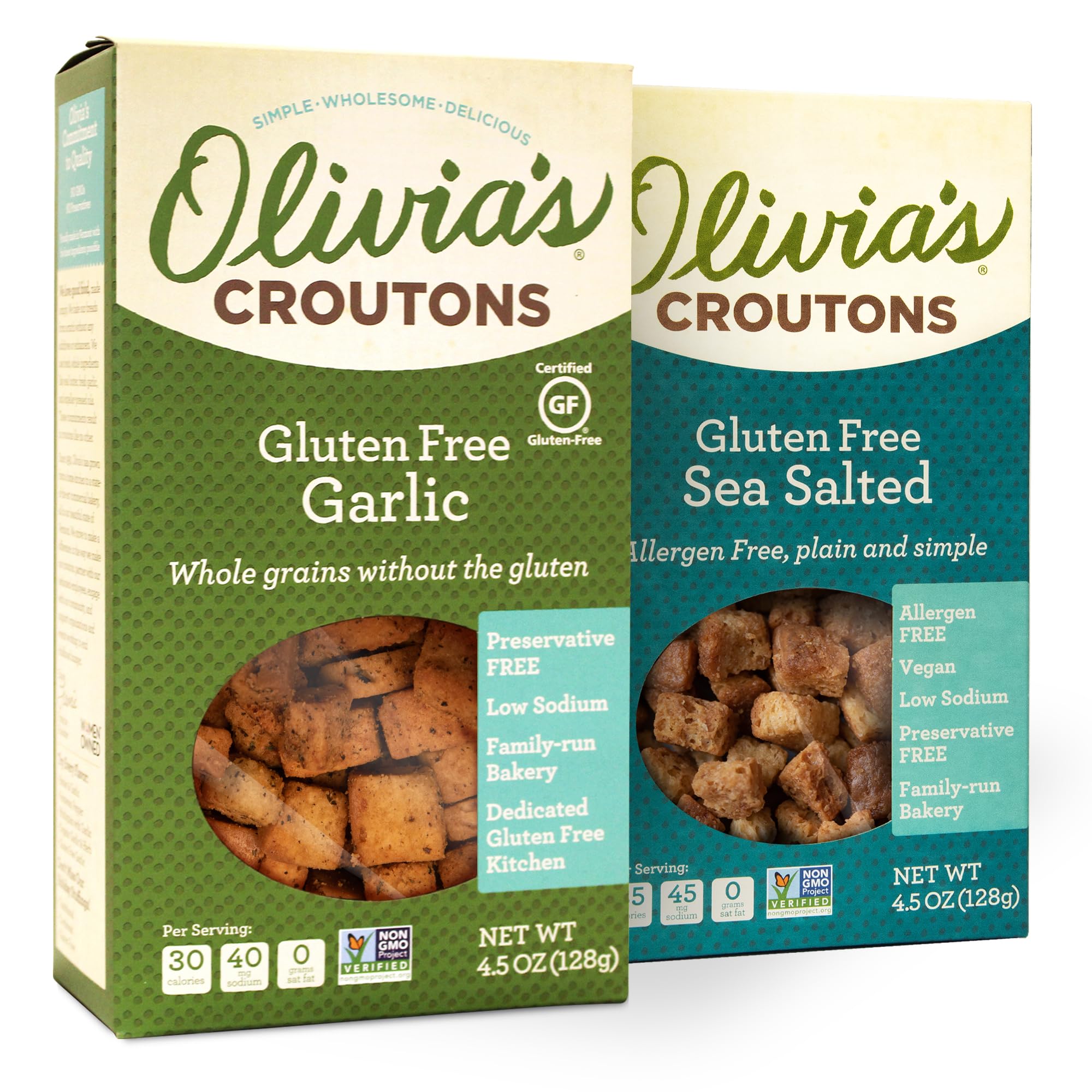 Olivia's Gluten Free Croutons Combo Pack - Garlic & Sea Salt Flavored - Made from Ancient Grain Artisan Bread - Vegetarian, Non-GMO, USA Made - 4.5oz (2 Pack) - Perfect for Salads, Soups & Charcuterie Boards