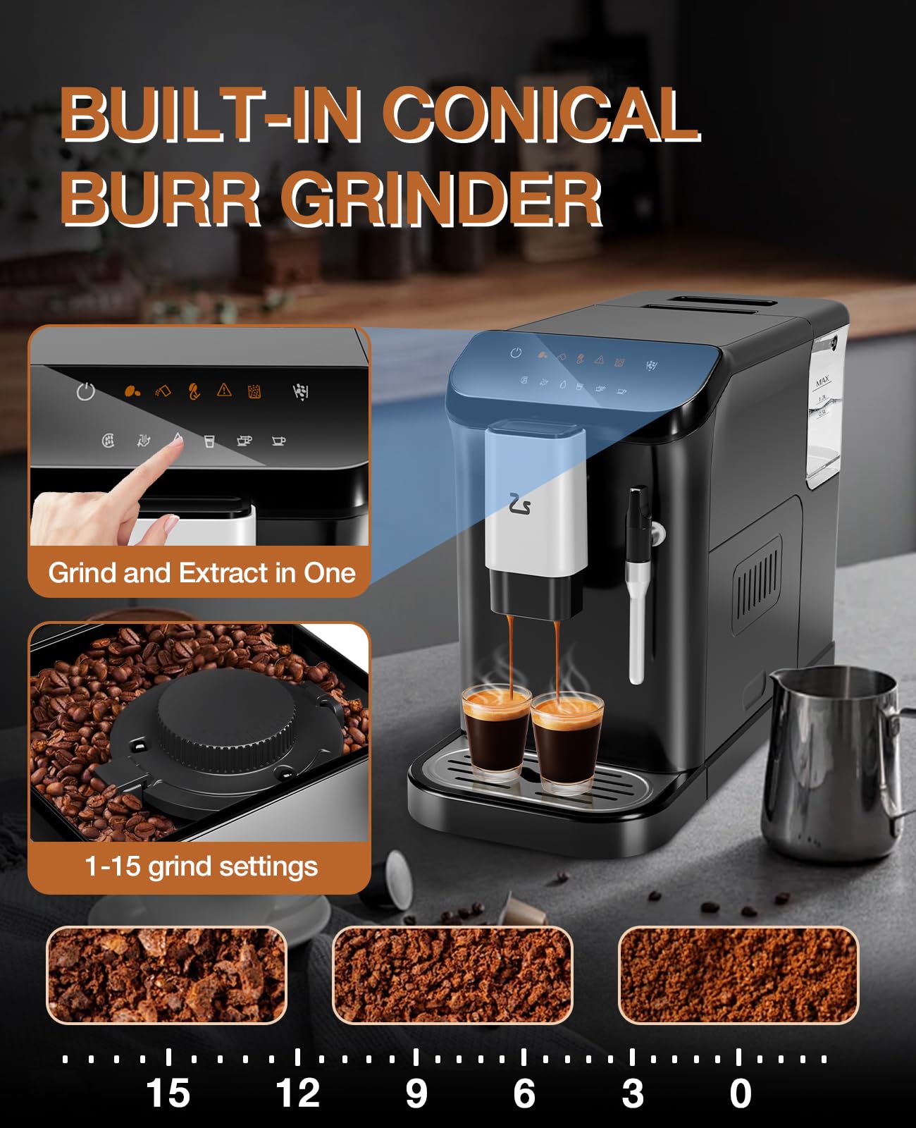 Fully Automatic Espresso Machine 20 Bar with Milk Frother - Built-In Adjustable Coffee Grinder & 1.5L Water Tank - Touch Screen Control for Home & Office Use