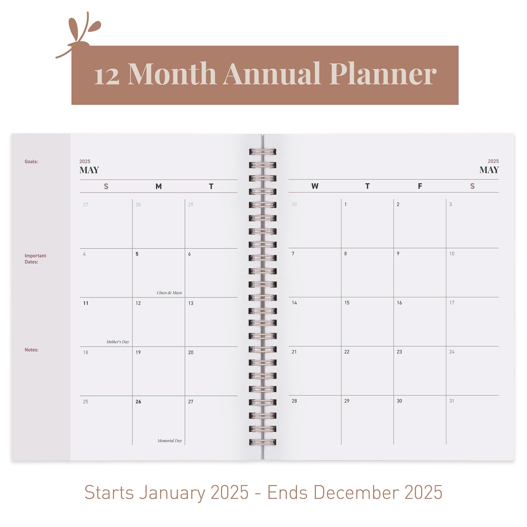 Rileys 2025 Weekly Planner - 8 x 6 Inch Pink Typographic Annual & Monthly Agenda Organizer with Flexible Cover, Notes Pages & Twin-Wire Binding | Perfect for Students, Professionals & Goal Tracking