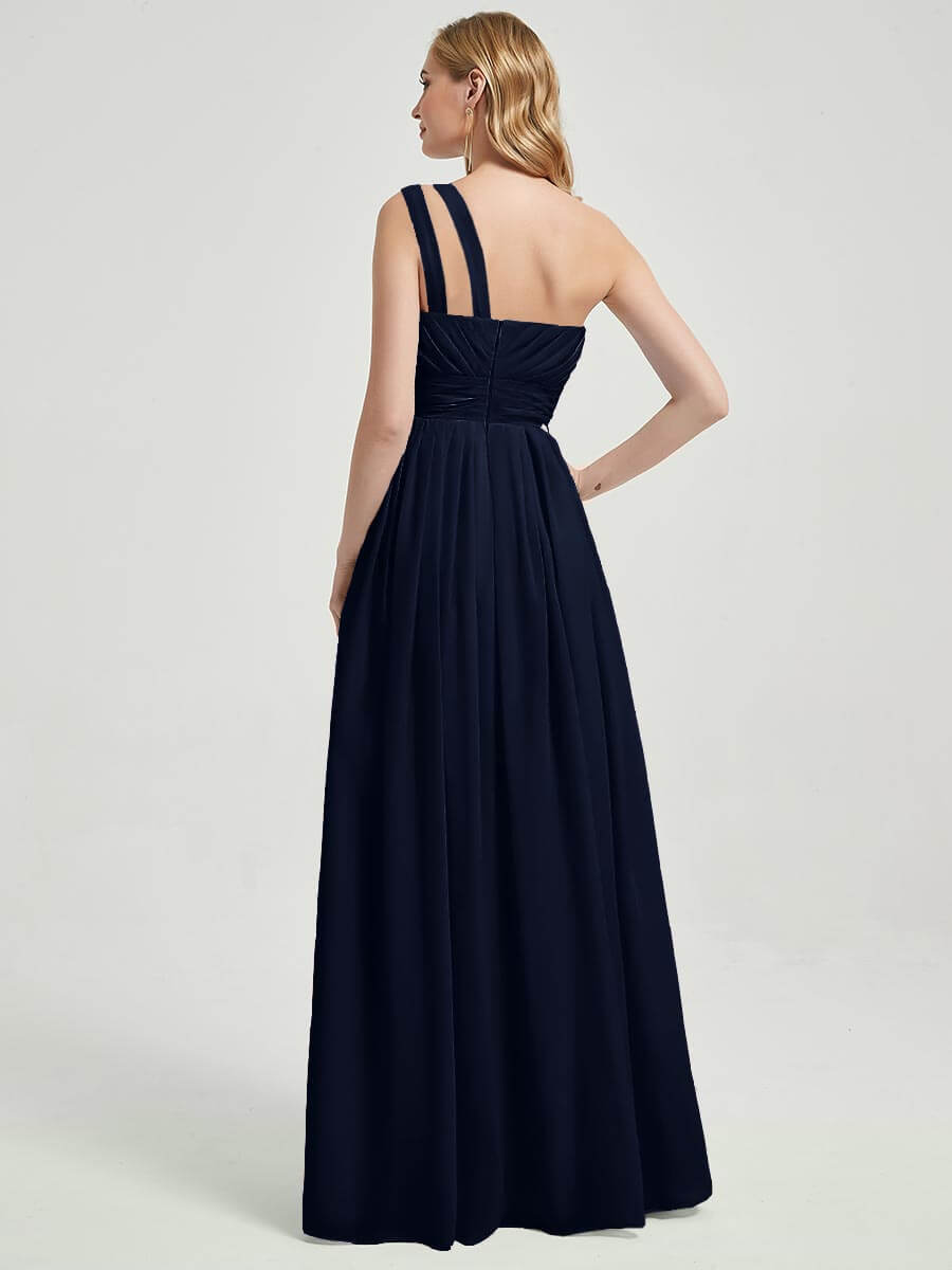 Elegant Dark Navy Pleated One Shoulder Floor Length Chiffon Bridesmaid Dress - Perfect for Weddings, Formal Events & Evening Parties